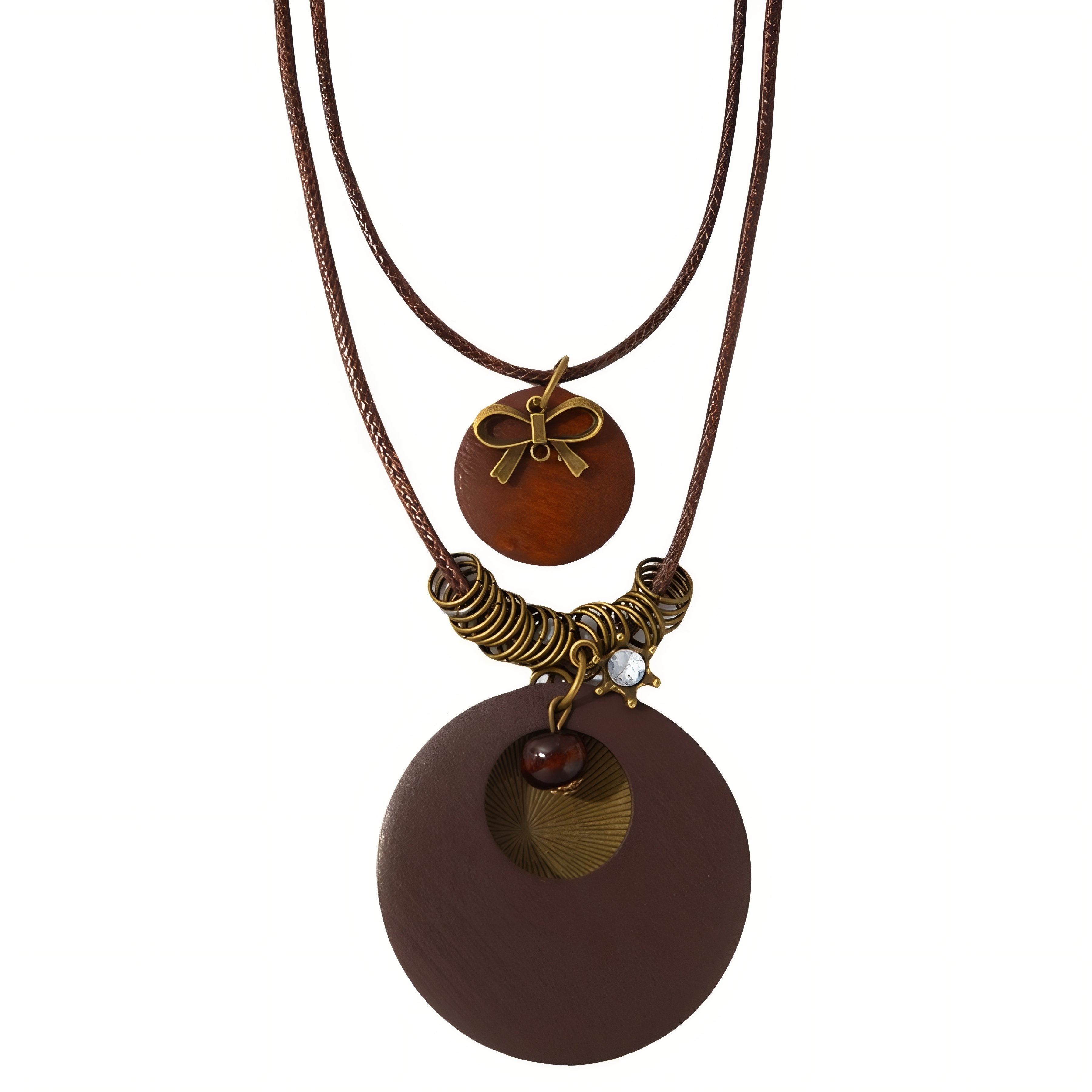 Collier en bois double rangs pour femme, avec pendentifs ronds, en alliage métallique, style bohème