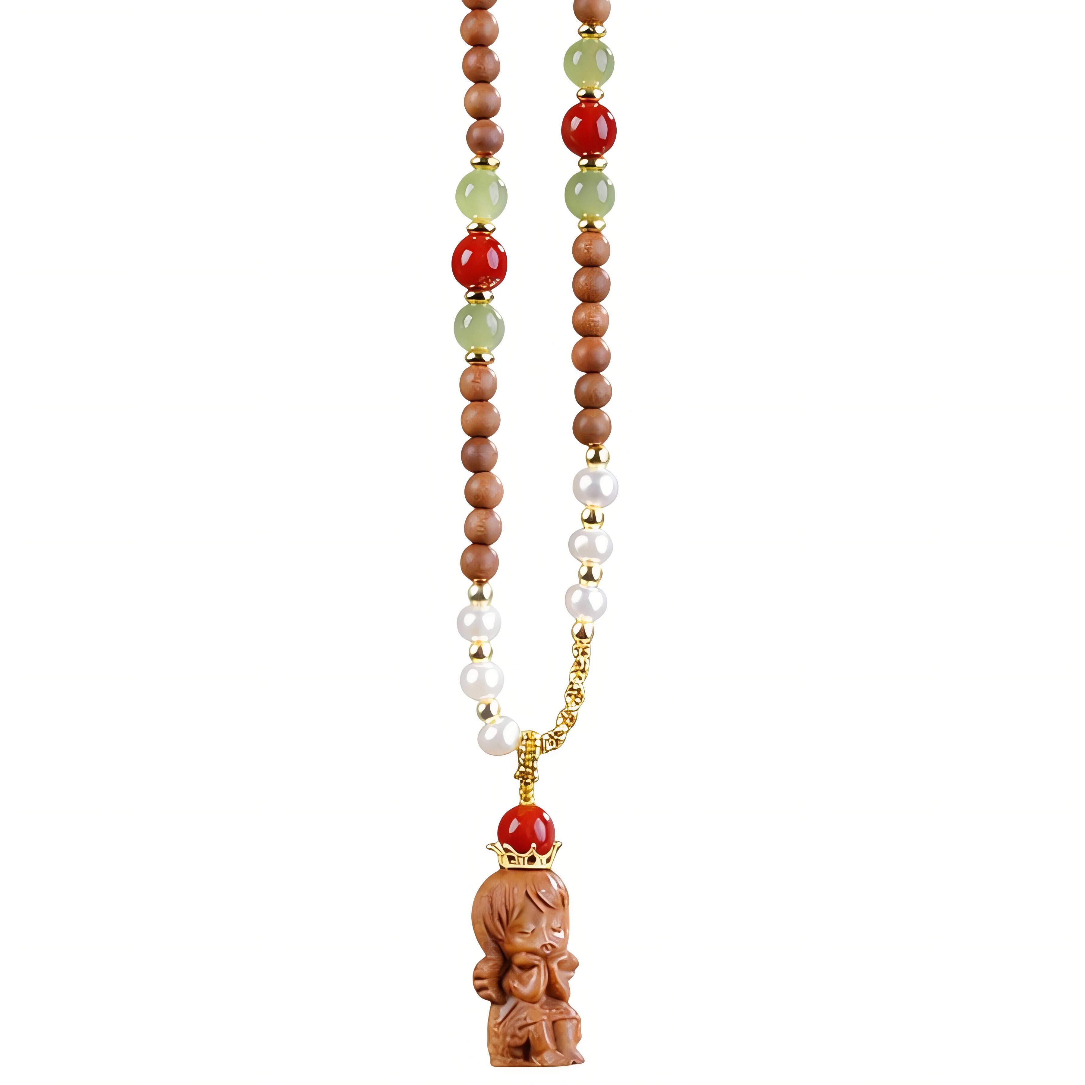 Halskette mit Anhänger für ein kleines Mädchen, aus Sandelholz geschnitzt, mit Holzperlen, Perlmuttperlen und Metalllegierung