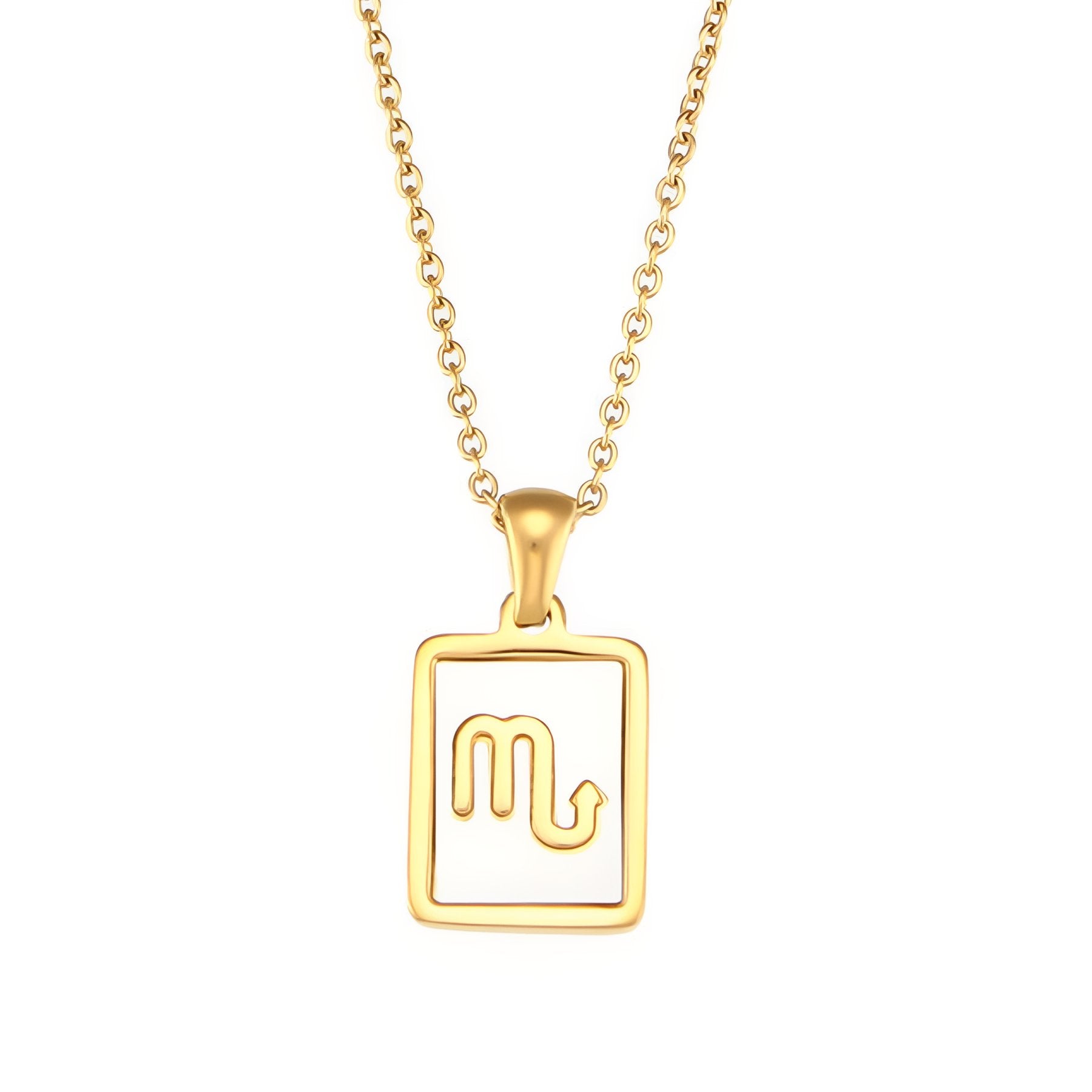 Collier zodiaque femme, pendentif signe astrologique rectangle nacré, en acier inoxydable plaqué or