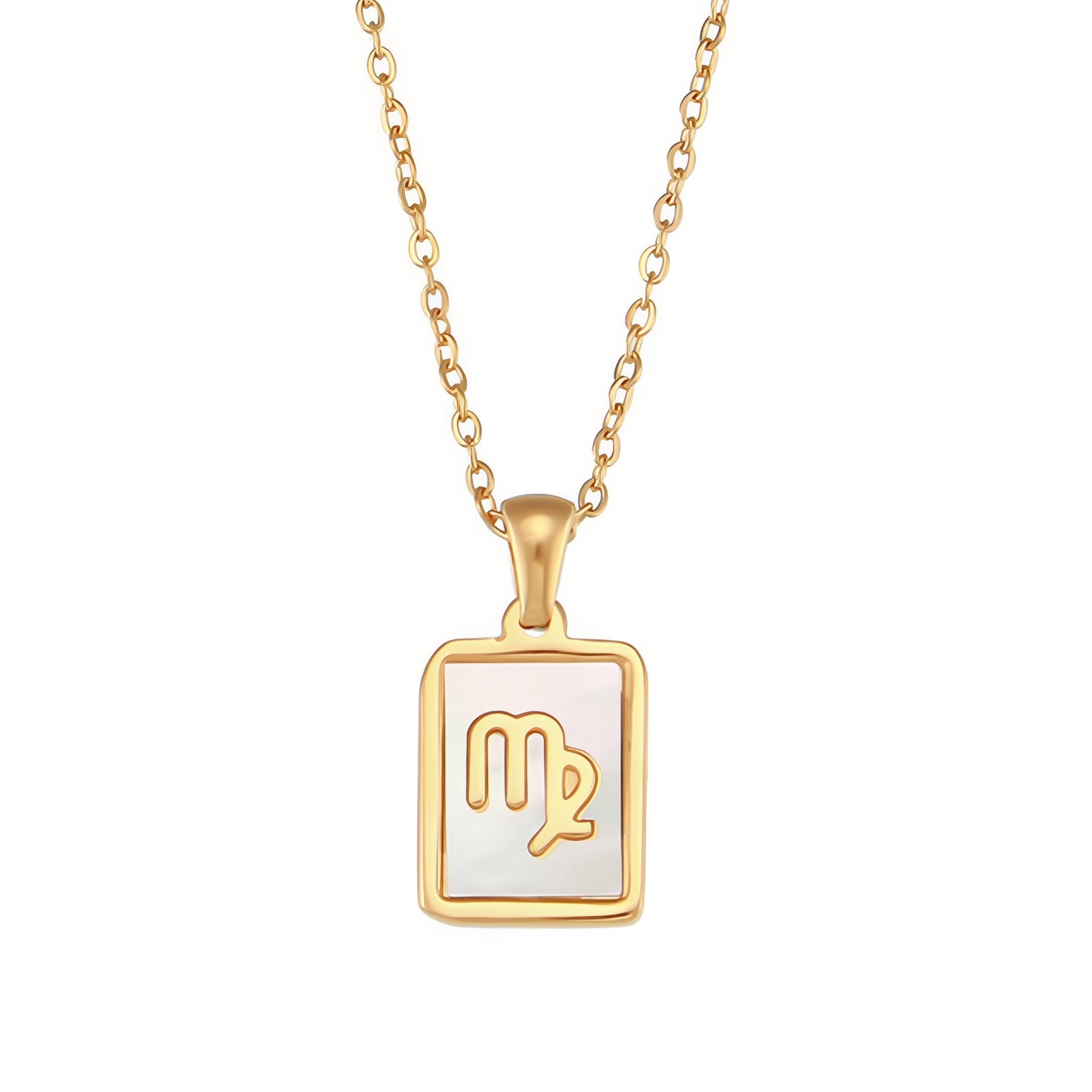 Collier zodiaque femme, pendentif signe astrologique rectangle nacré, en acier inoxydable plaqué or