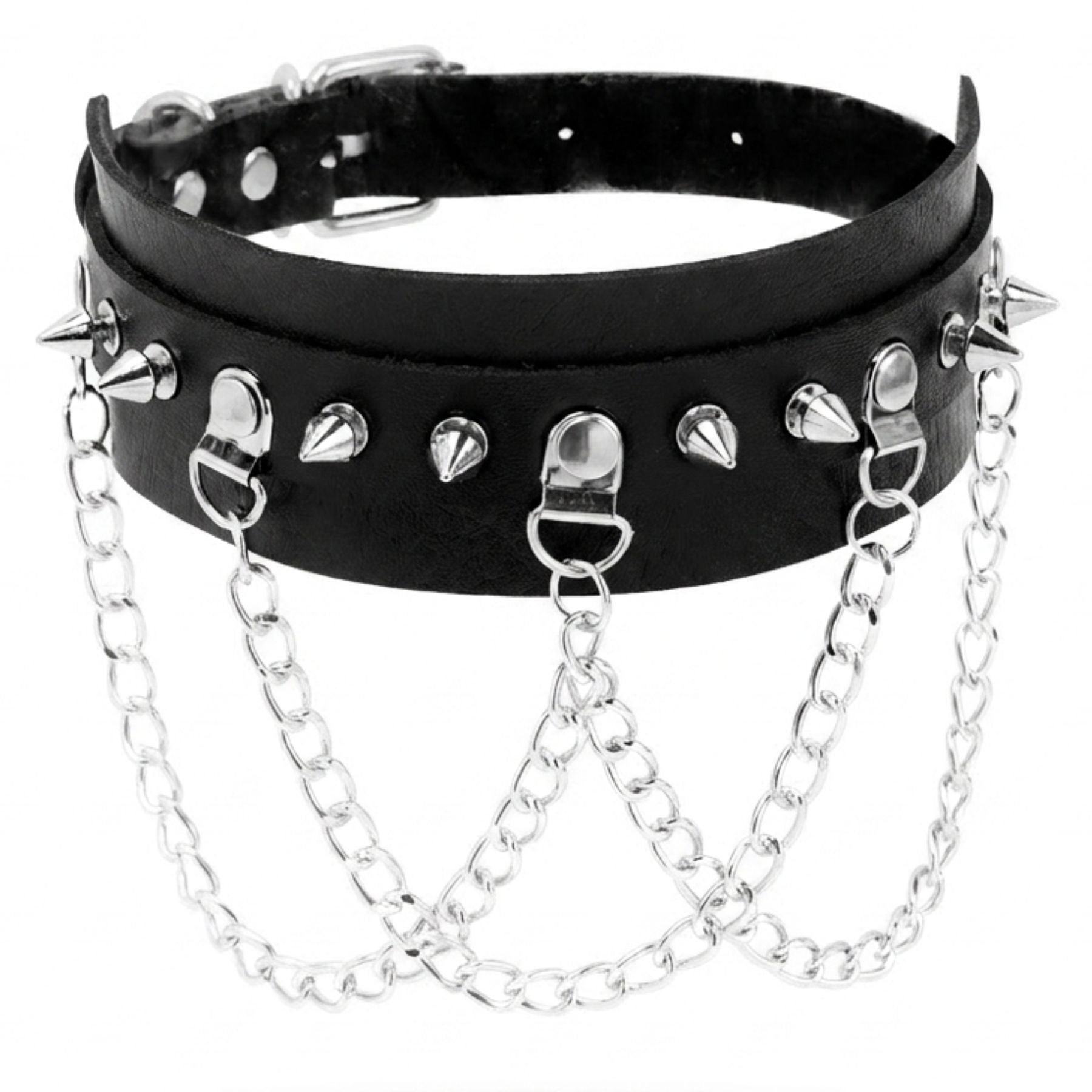 Gotisches Damen-Halsband aus schwarzem Kunstleder mit mehreren Ketten und silberfarbenen Nieten