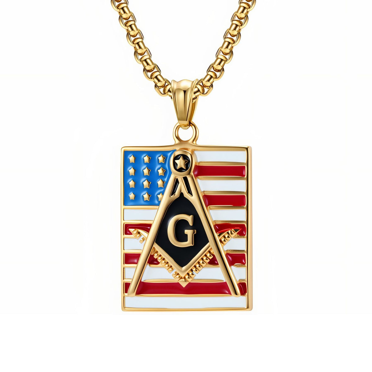 Freimaurer-Anhängerkette für Herren, aus Edelstahl, Winkelmaß und Zirkel mit Buchstabe G auf amerikanischer Flagge