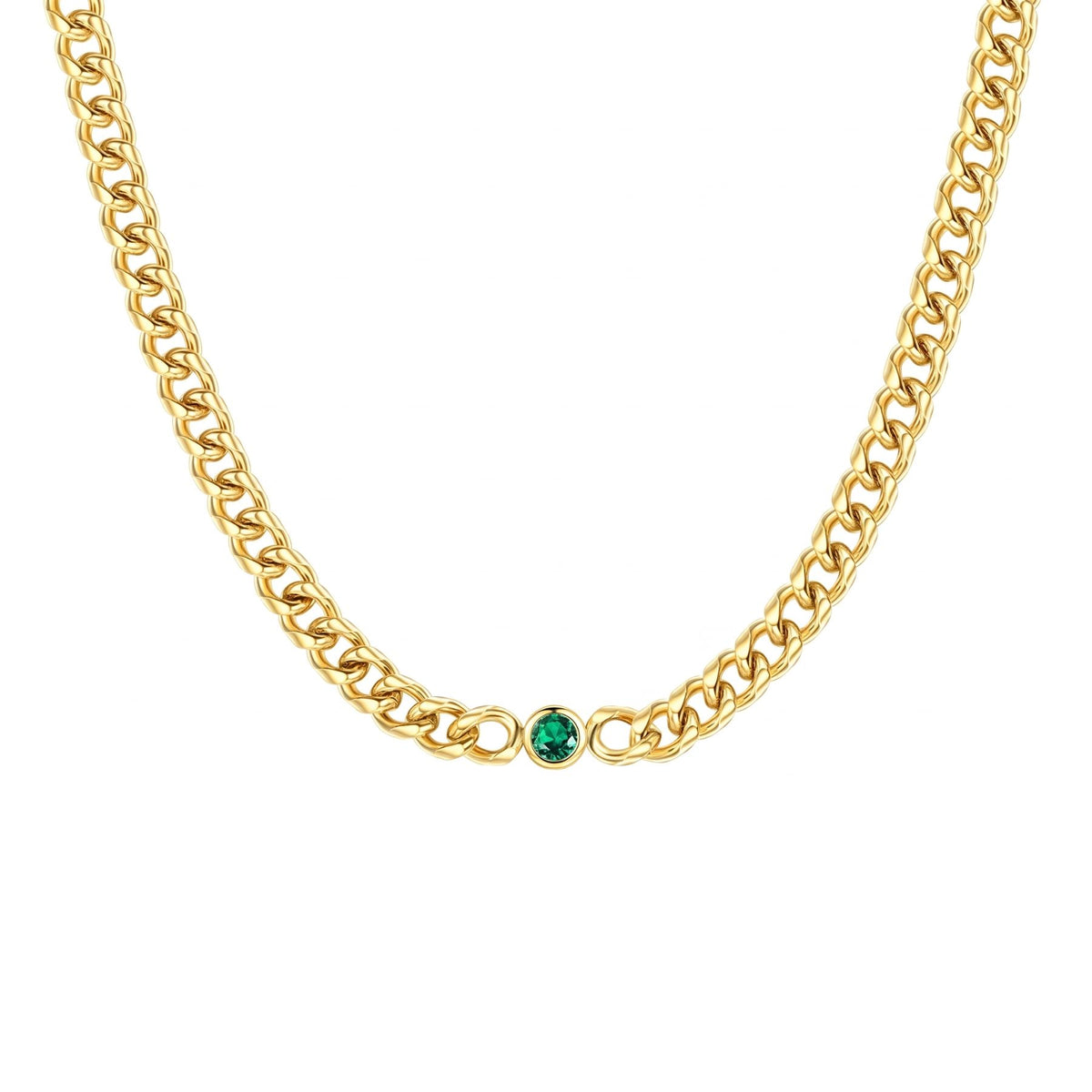 Collier chaîne gourmette pour femme, en acier inoxydable doré, orné d’une pierre centrale verte