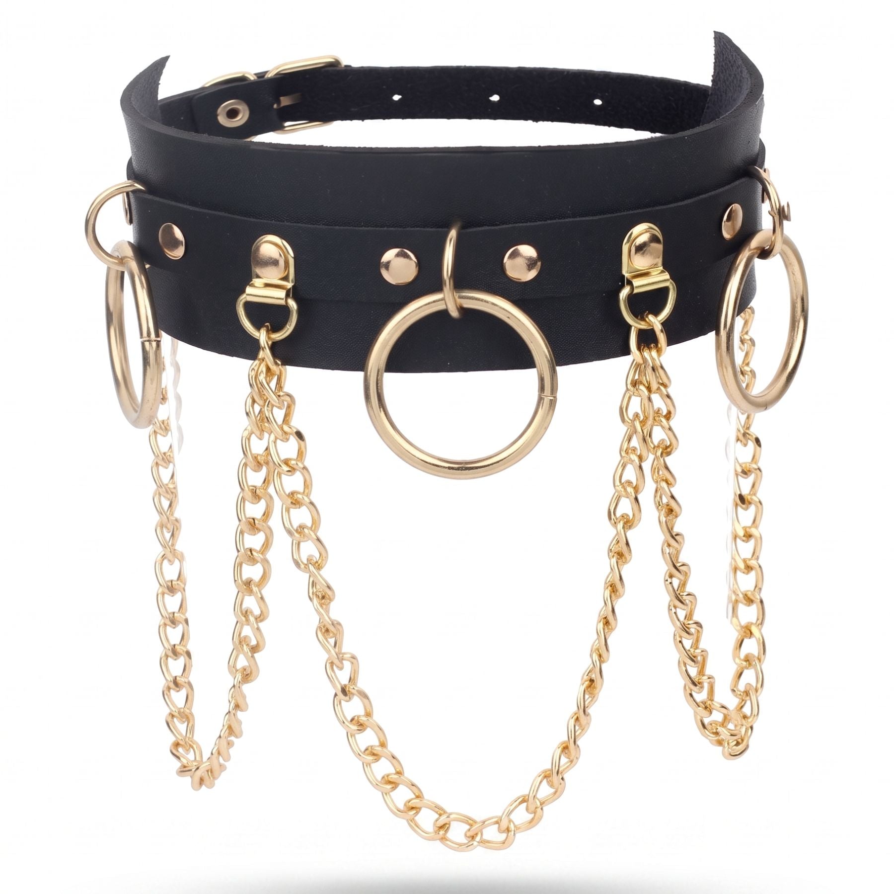 Collier punk pour femme, en simili cuir noir, chaînes multiples et anneaux en alliage métalliques