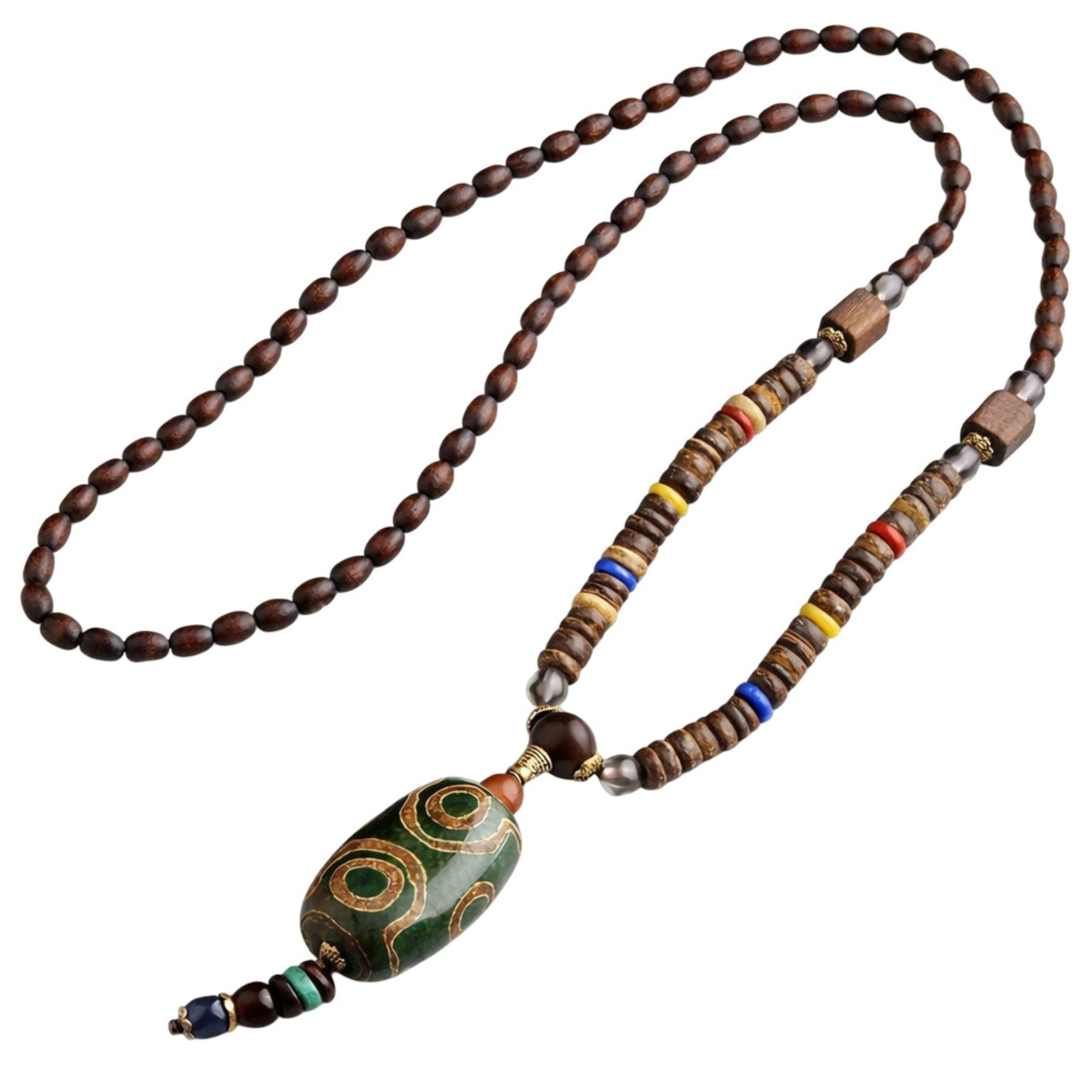 Collier pour femme en perles de bois, avec pendentif Dzi et pierre naturelle, style artisanale