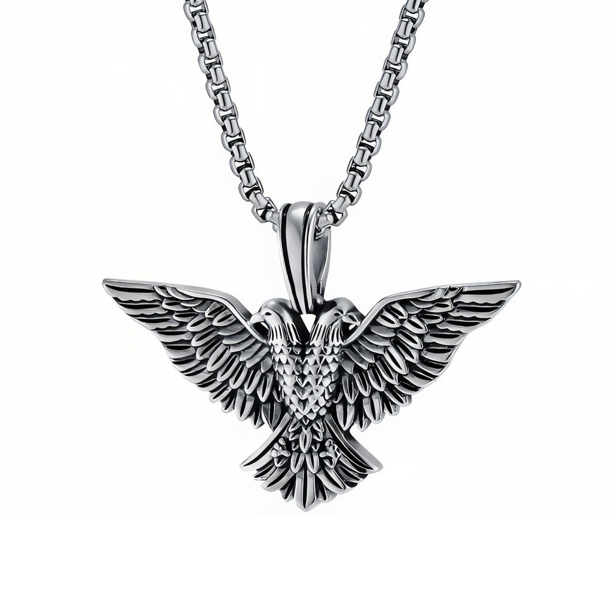Collier pendentif aigle à deux têtes pour homme, en acier inoxydable, design animalier aux plumes finement sculptées
