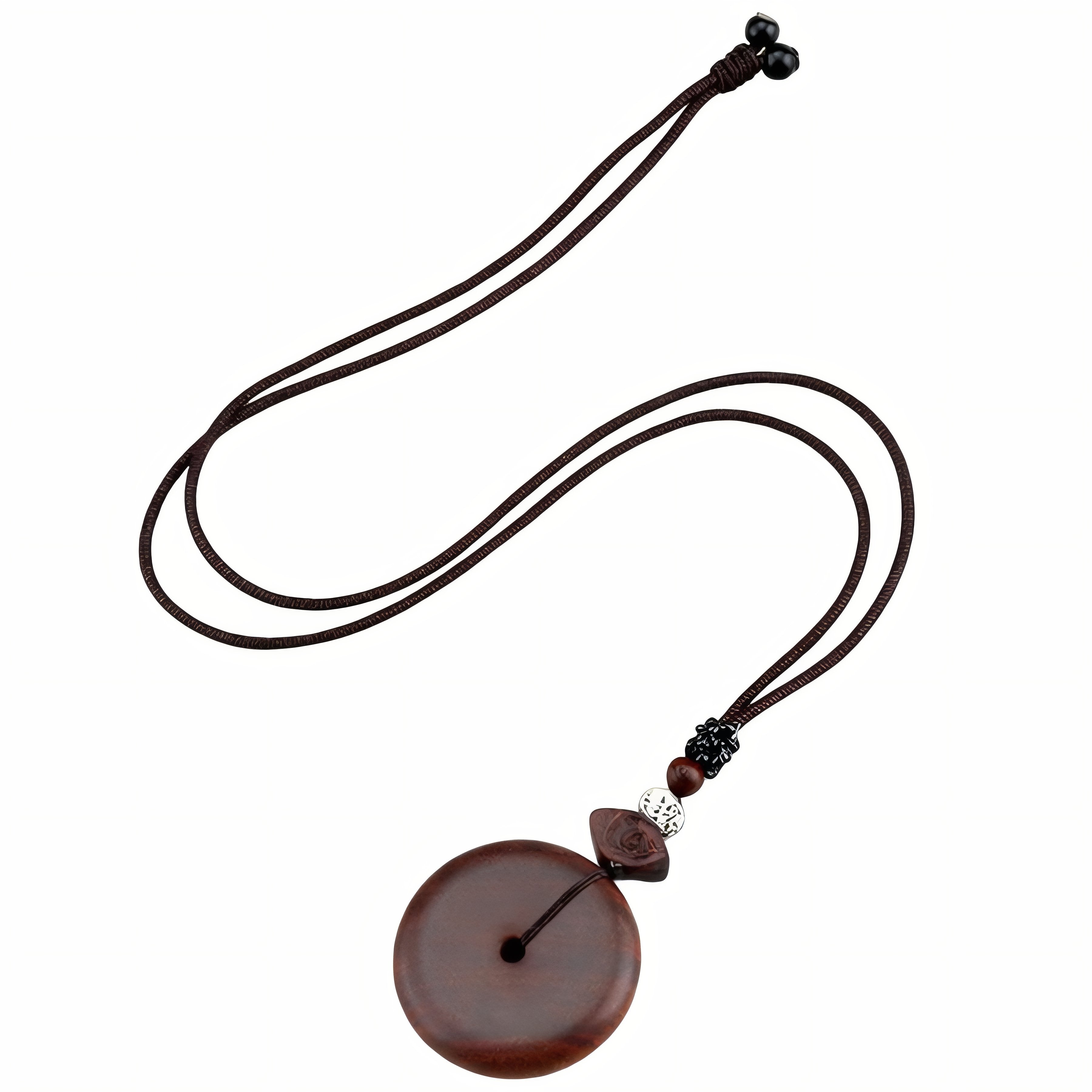 Natural wood necklace for women, with circular pendant and wooden bead, adjustable cord