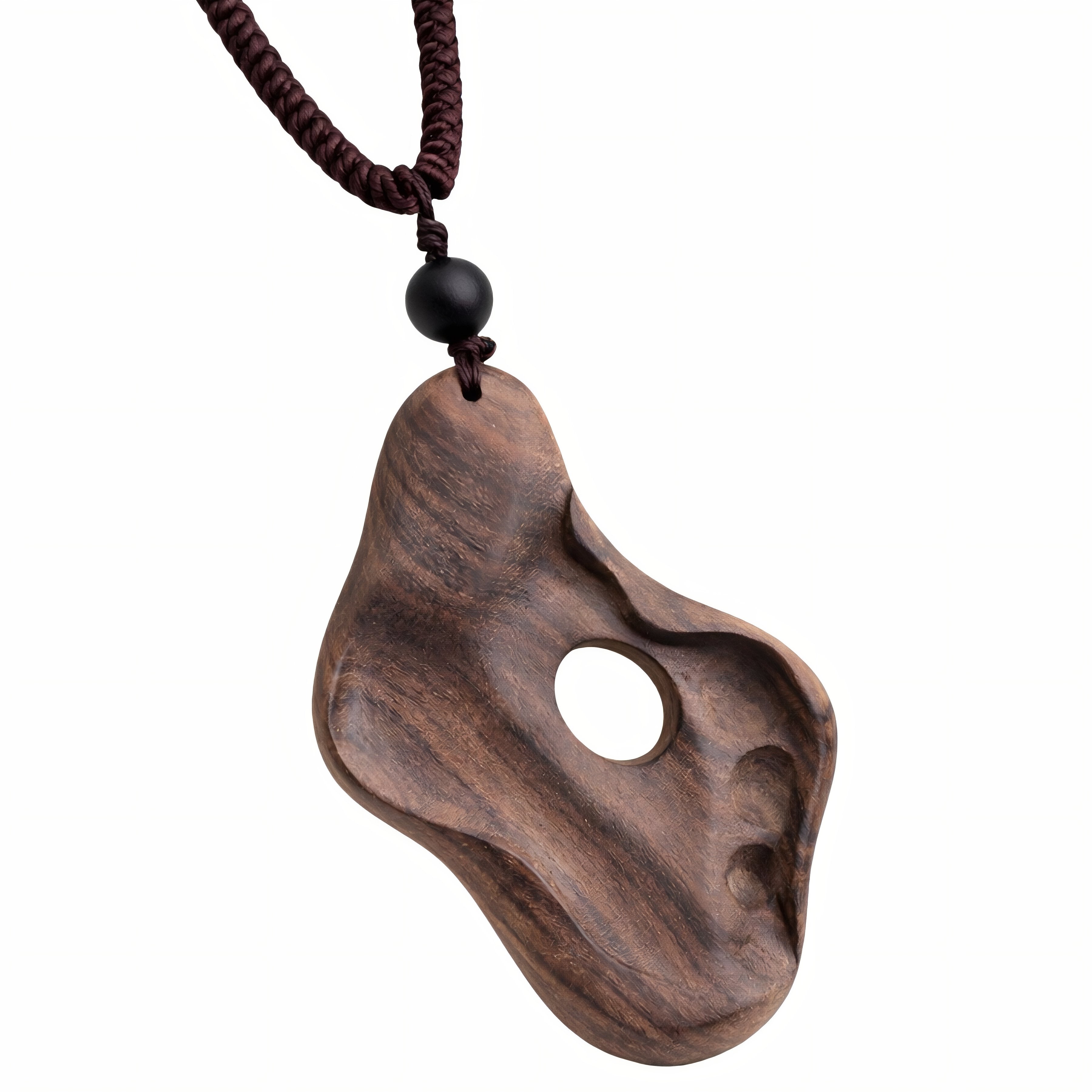 Natural carved wood necklace with openwork artistic pendant, long cord, ethnic style