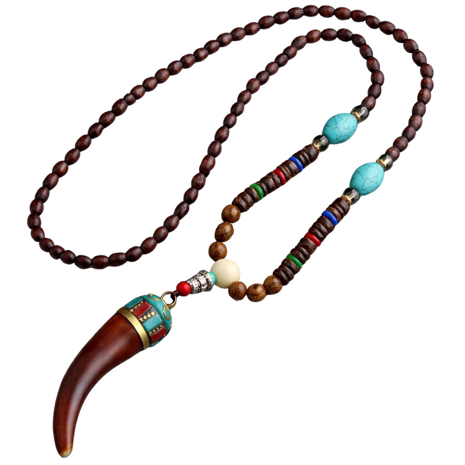 Wooden bead necklace with a resin cow horn pendant, natural stone and metal alloy, bohemian style
