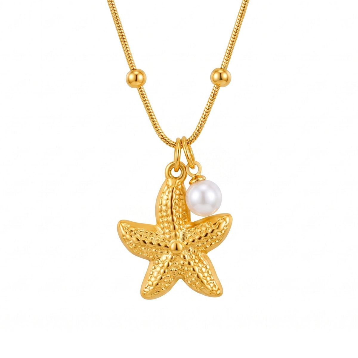 Women's marine necklace in gold stainless steel, starfish and white pearl in an elegant style
