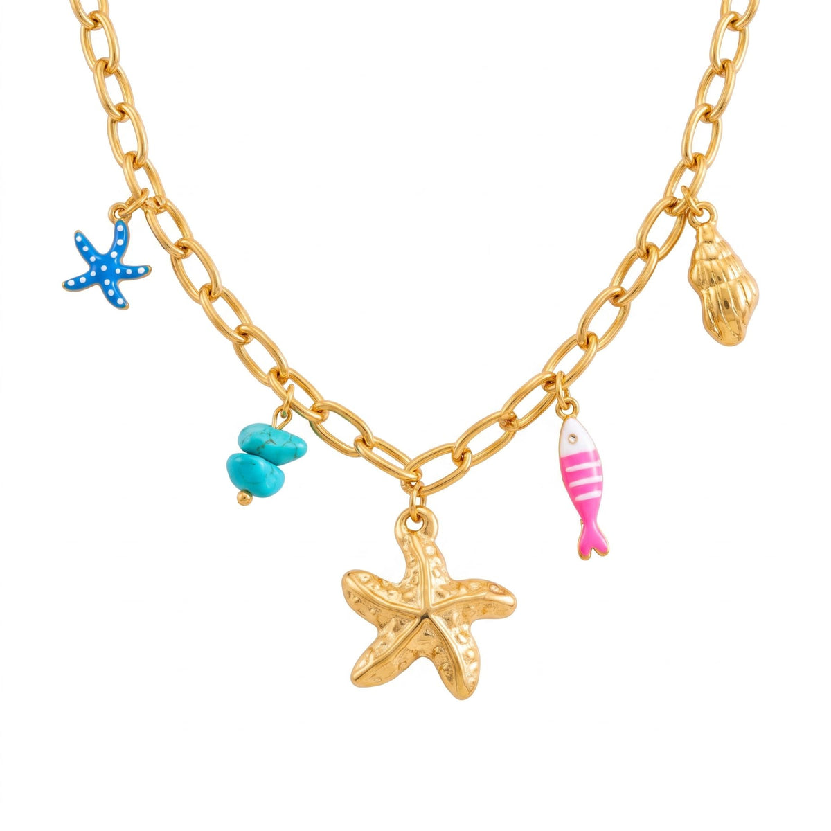 Seestern-Halskette für Damen, aus vergoldetem Edelstahl, dicke Kette mit Fischen und bunten Charms