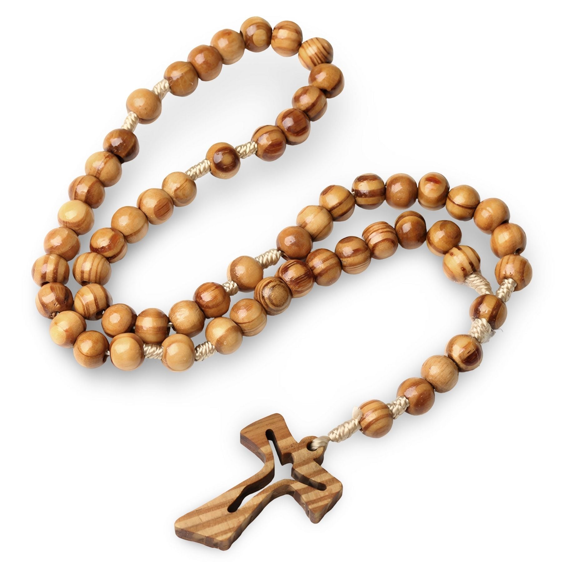 Natural wood rosary with round beads and a Christian cross