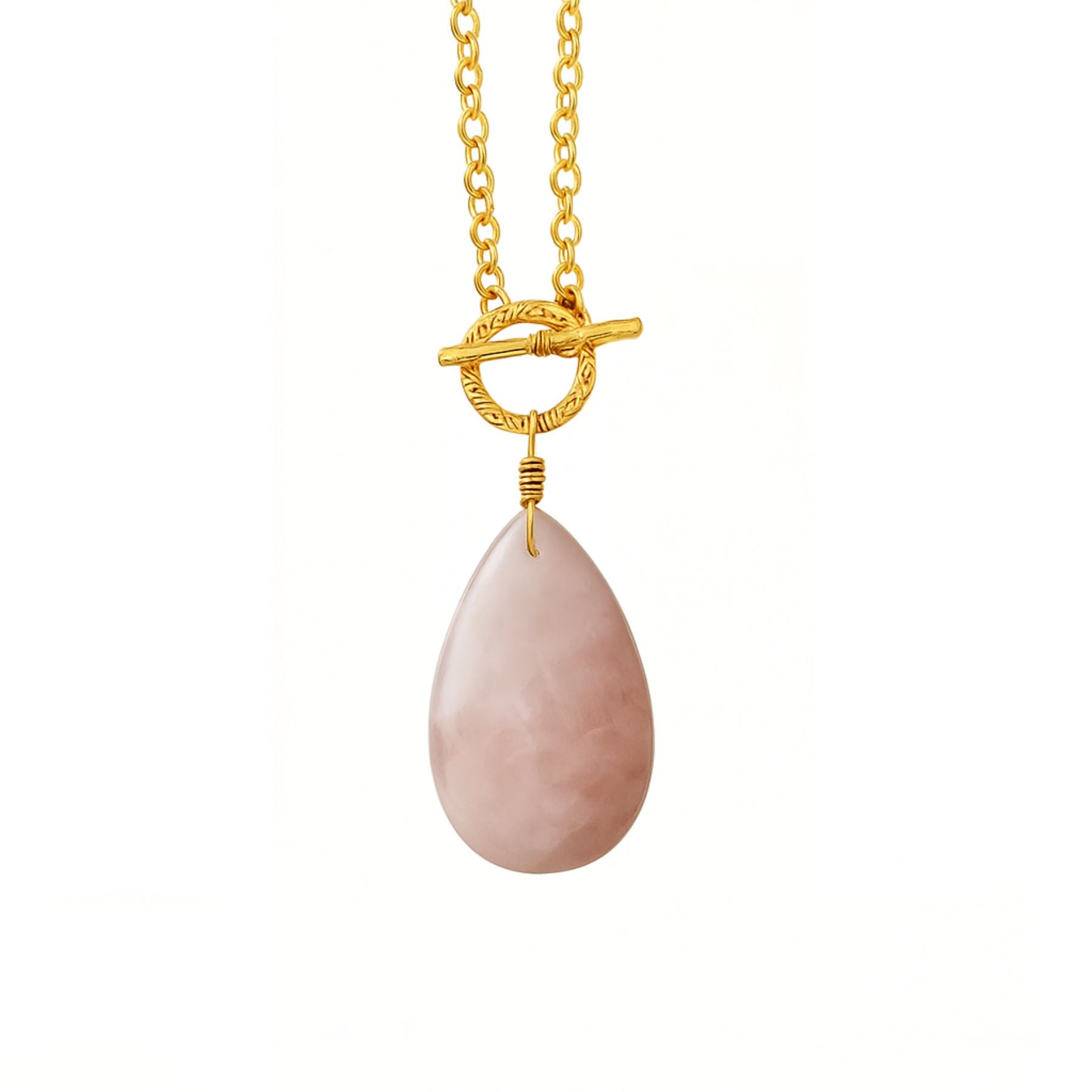 Sautoir en quartz rose, pendentif goutte et chaîne dorée pour femme, modèle Rosemont