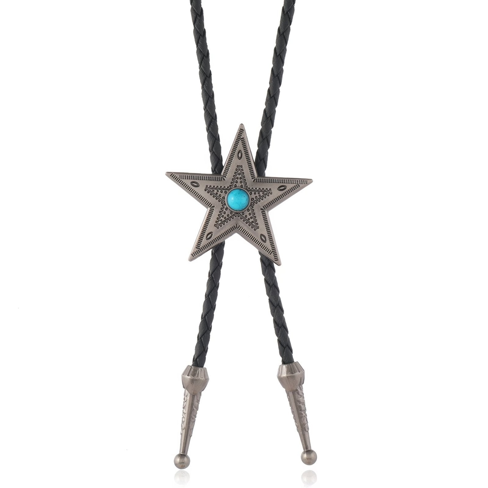 Bolo tie western, étoile vintage et pierre turquoise, cordon tressé noir, style cowboy unisexe