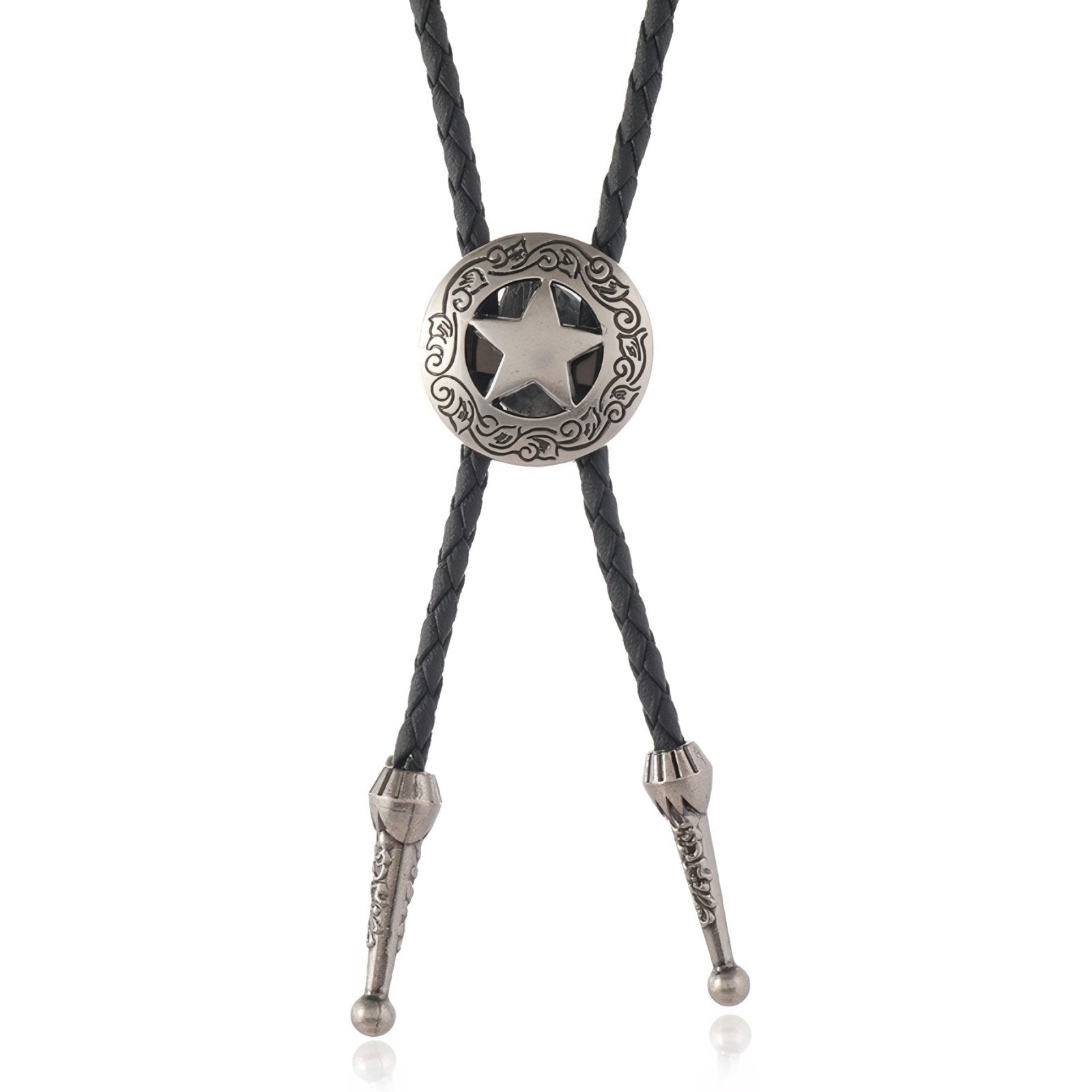Bolo tie western, médaillon étoile shérif vintage, cordon noir tressé, finition bronze ou argent