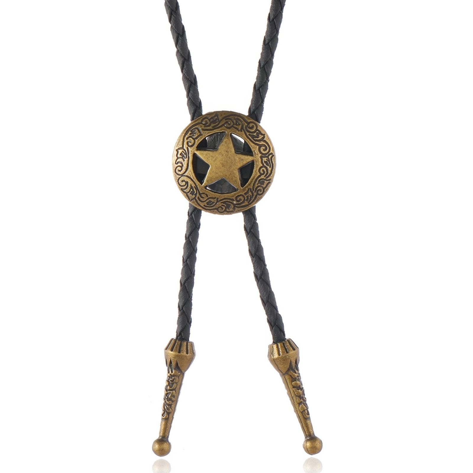 Bolo tie western, médaillon étoile shérif vintage, cordon noir tressé, finition bronze ou argent