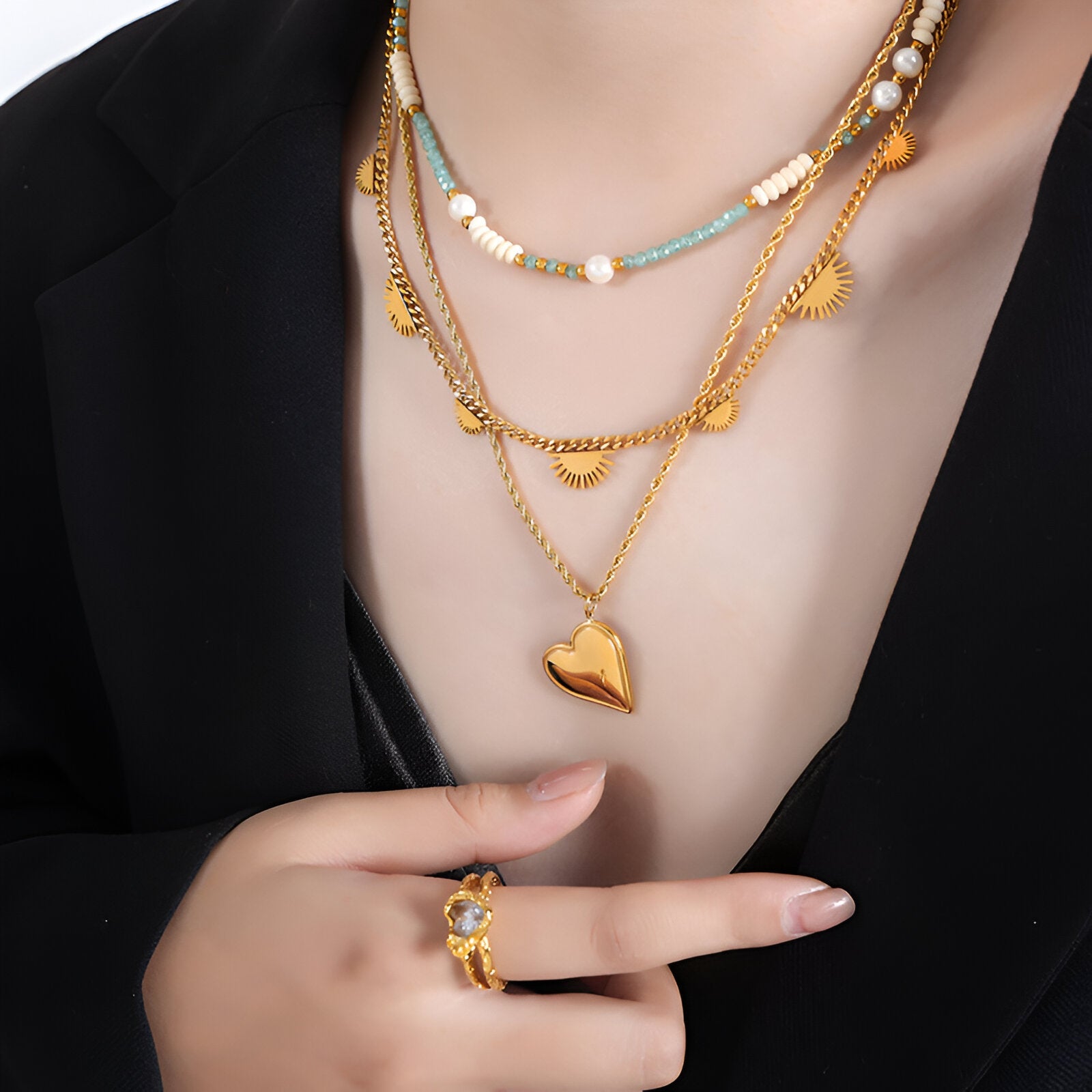 Chaine cubaine, pendentif soleil stylisé, style vintage doré, pour femme, modèle Carly