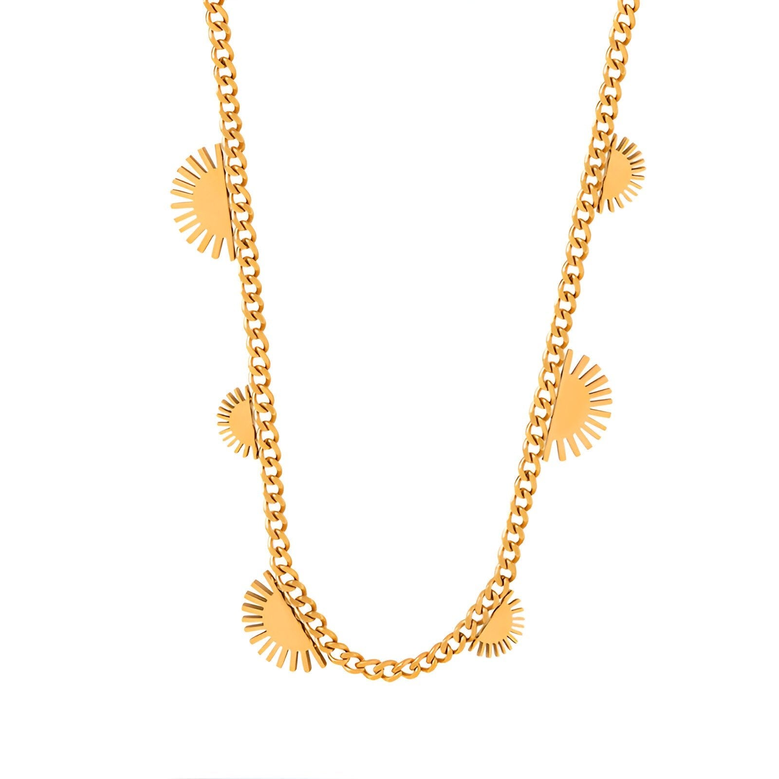 Chaine cubaine, pendentif soleil stylisé, style vintage doré, pour femme, modèle Carly
