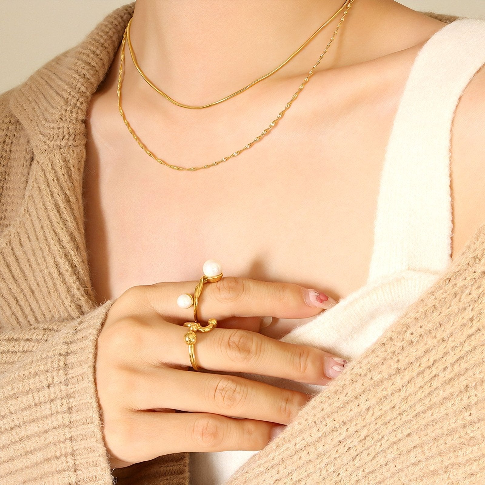 Chaine double range doré, maille serpent, en acier inoxydable, modèle Cadence