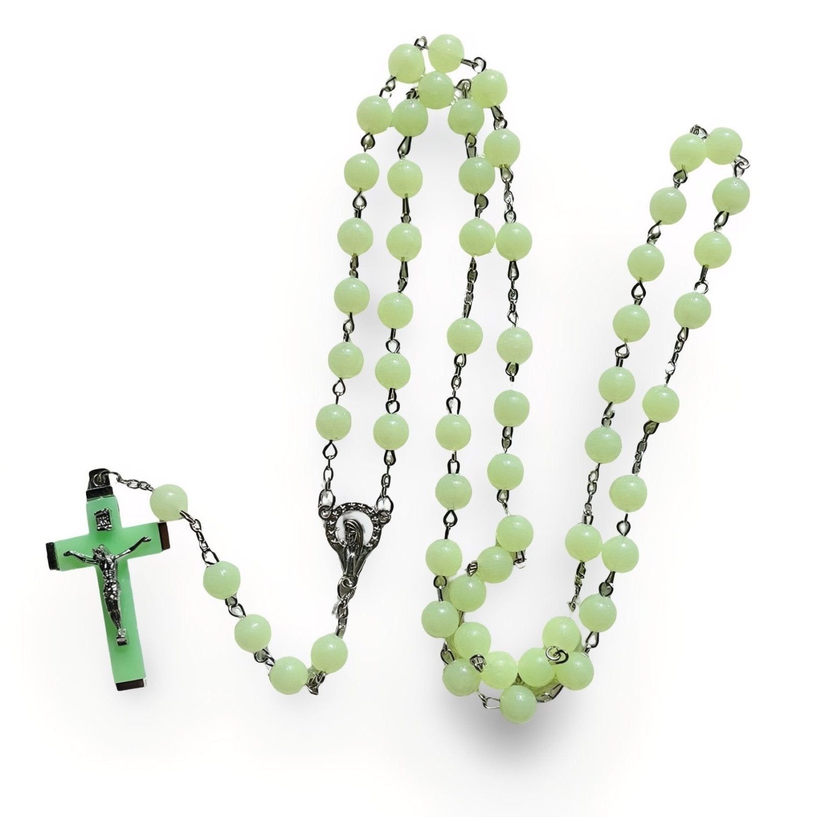 Chapelet collier, avec croix chrétienne et vierge Marie, en perles synthétiques phosphorescentes et alliage métallique