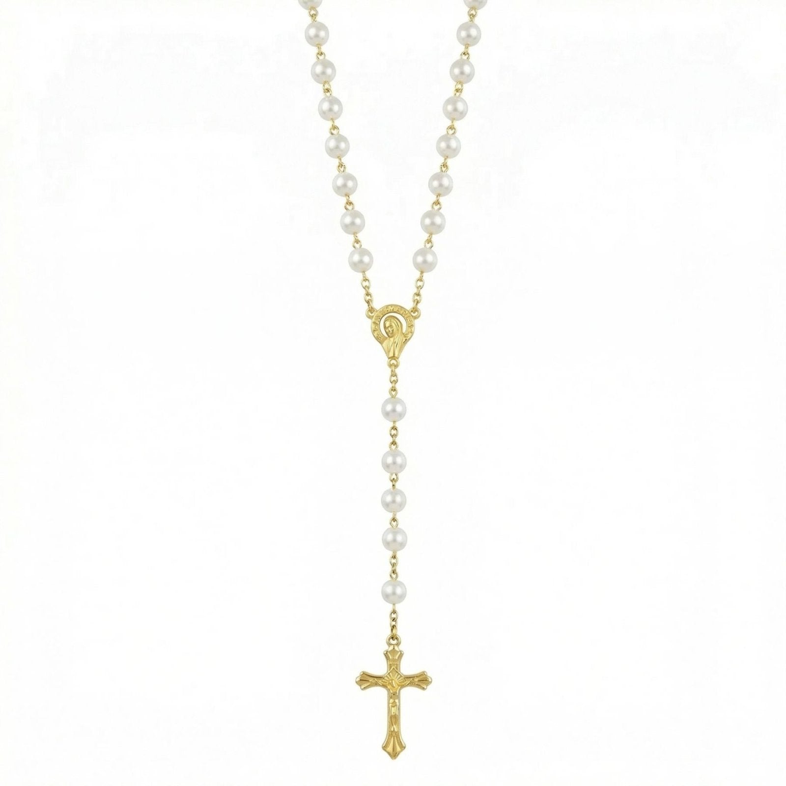 Chapelet collier catholique, avec perles blanches, en alliage métallique, avec croix chrétienne et vierge Marie