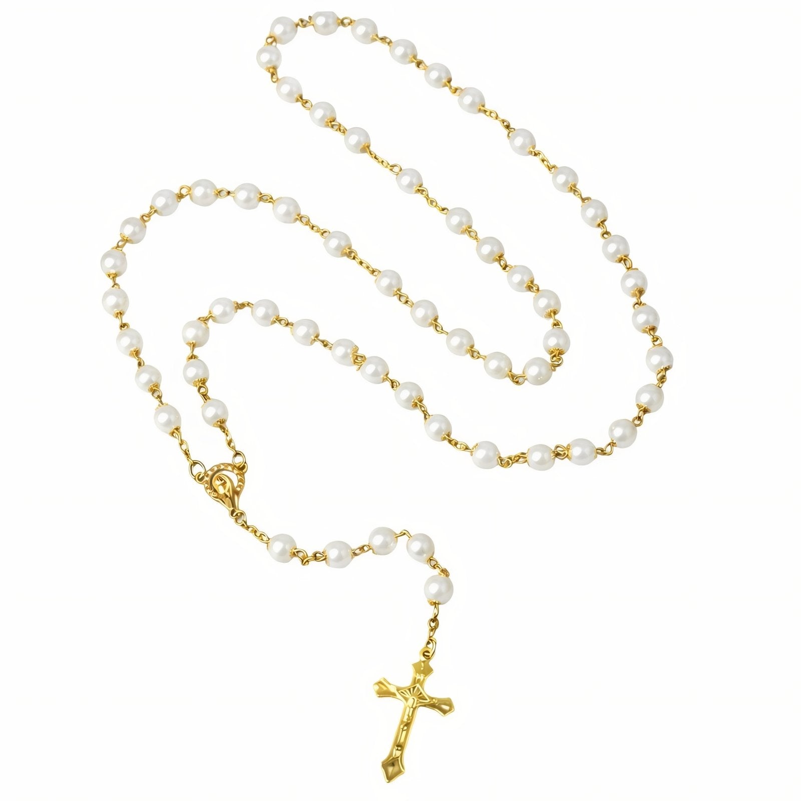 Chapelet collier catholique, avec perles blanches, en alliage métallique, avec croix chrétienne et vierge Marie
