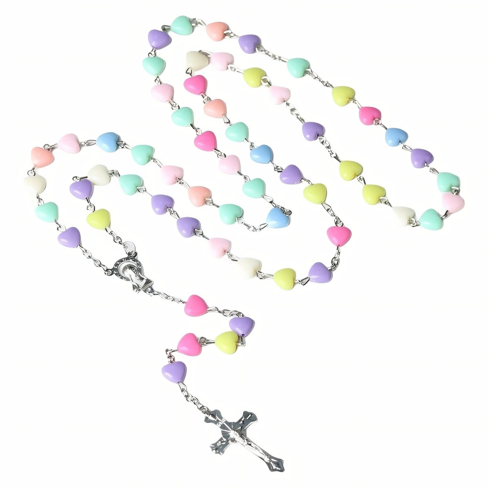 Chapelet collier catholique avec perles cœurs colorées en acrylique, en alliage métallique, avec croix et vierge Marie