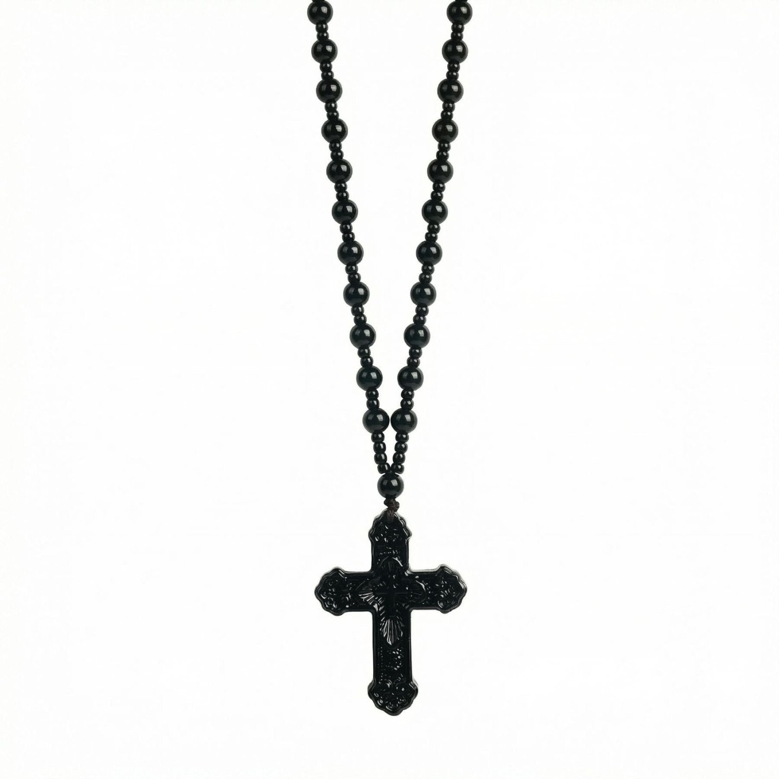 Chapelet collier croix verte translucide ou noir, avec perles en verre, bijou religieux