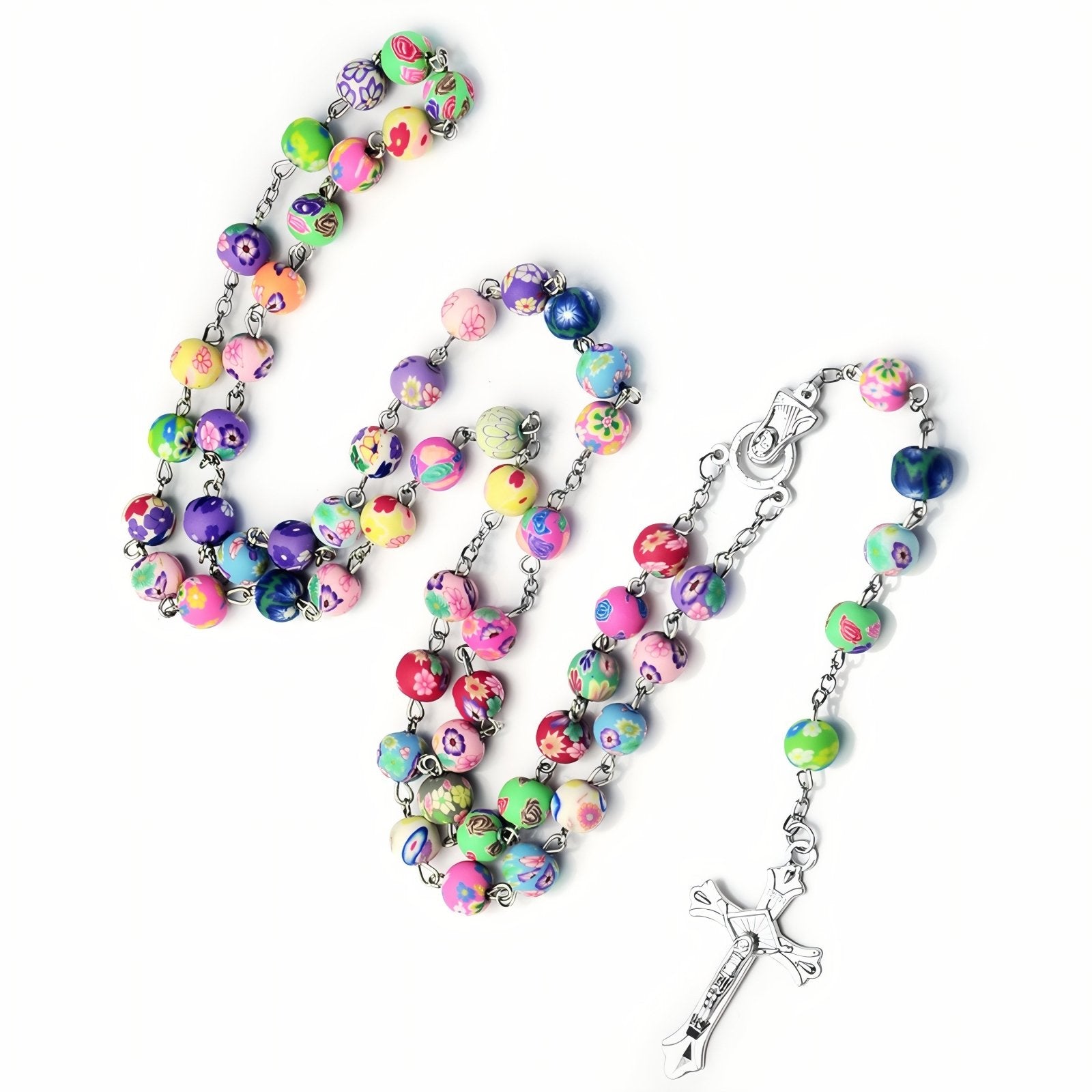 Chapelet collier multicolore, avec perle en argile polymère, en alliage métallique