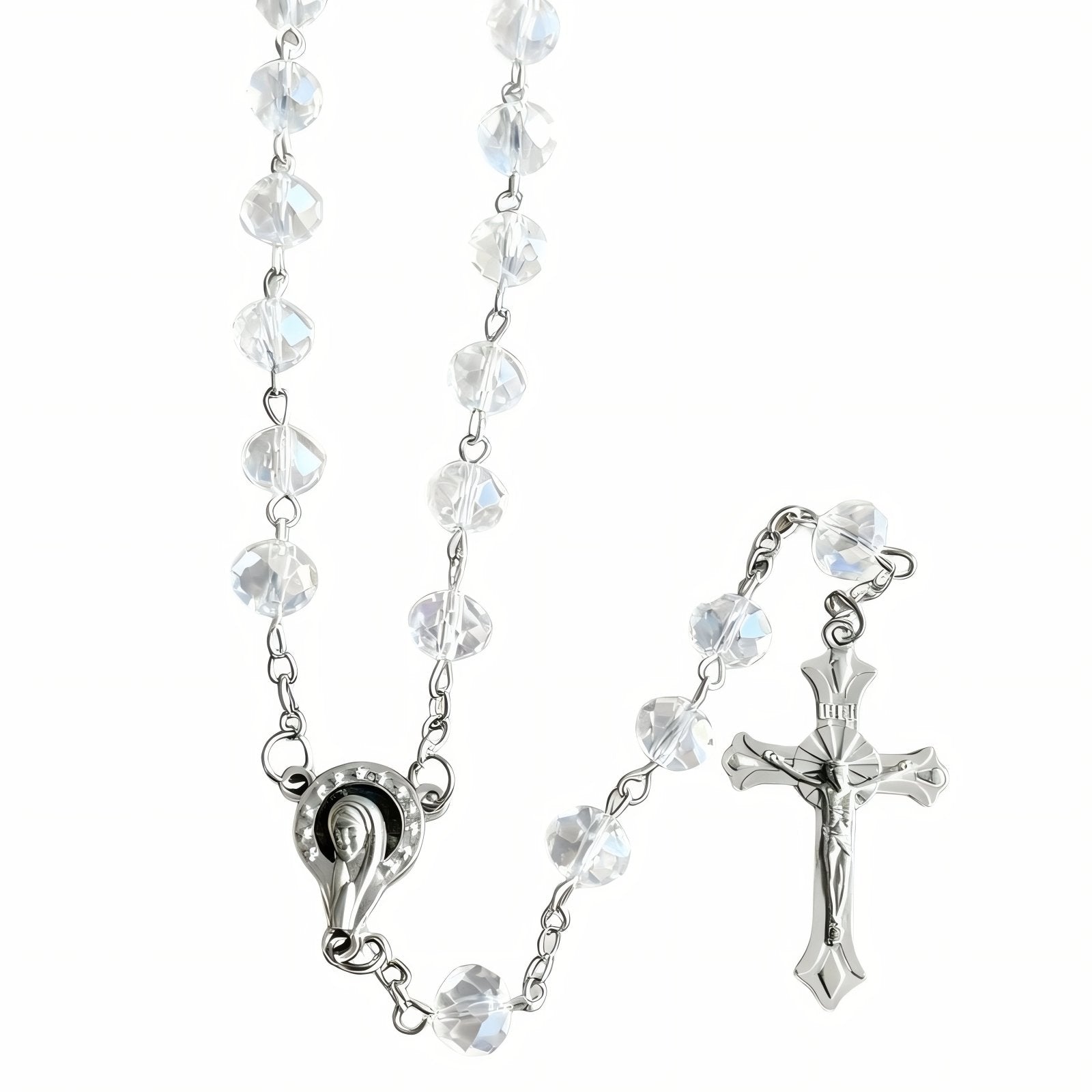 Chapelet collier pendentif croix, avec cristal blanc, en alliage de zinc, style religieux