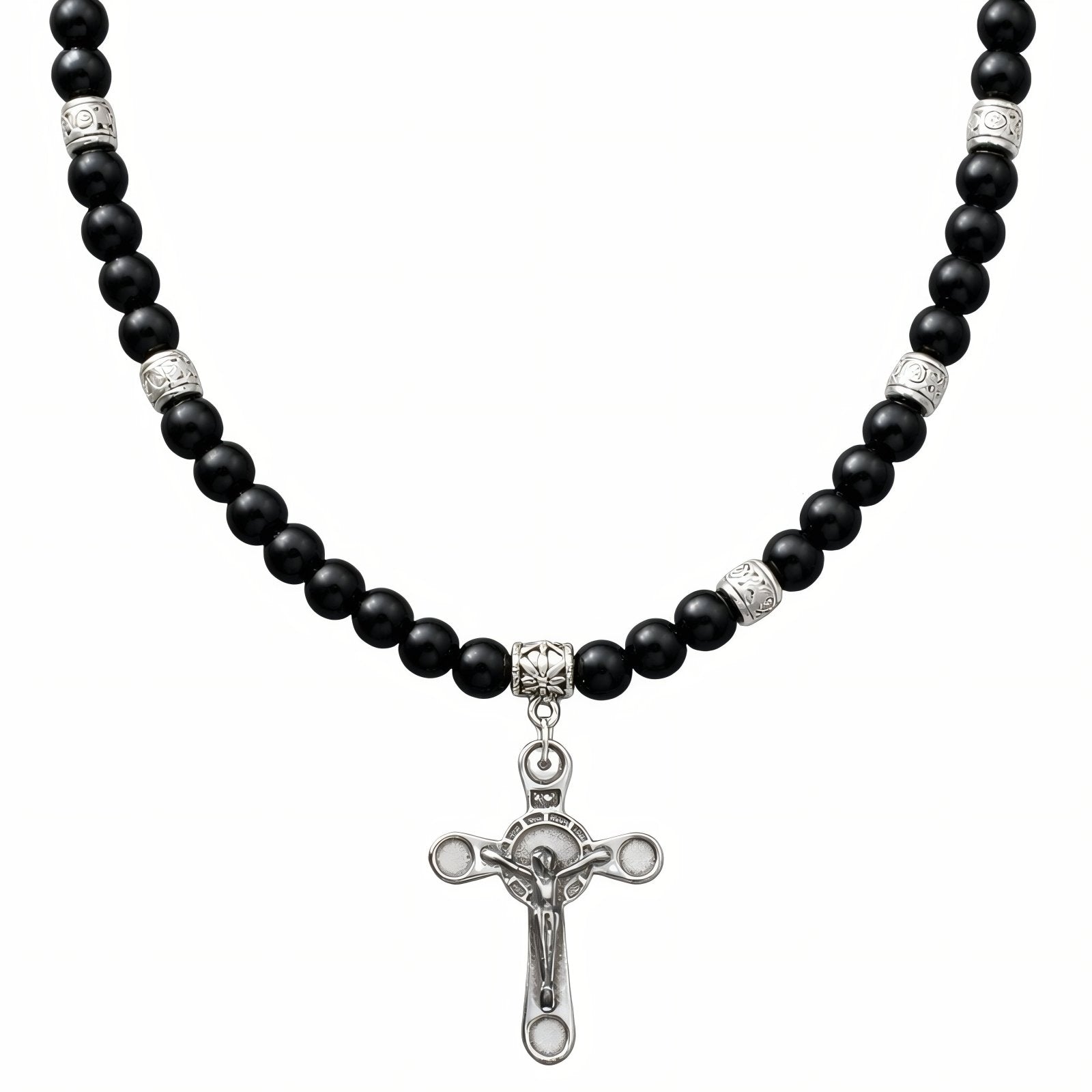 Chapelet collier pendentif croix en alliage métallique argenté, avec perles noires d'onyx