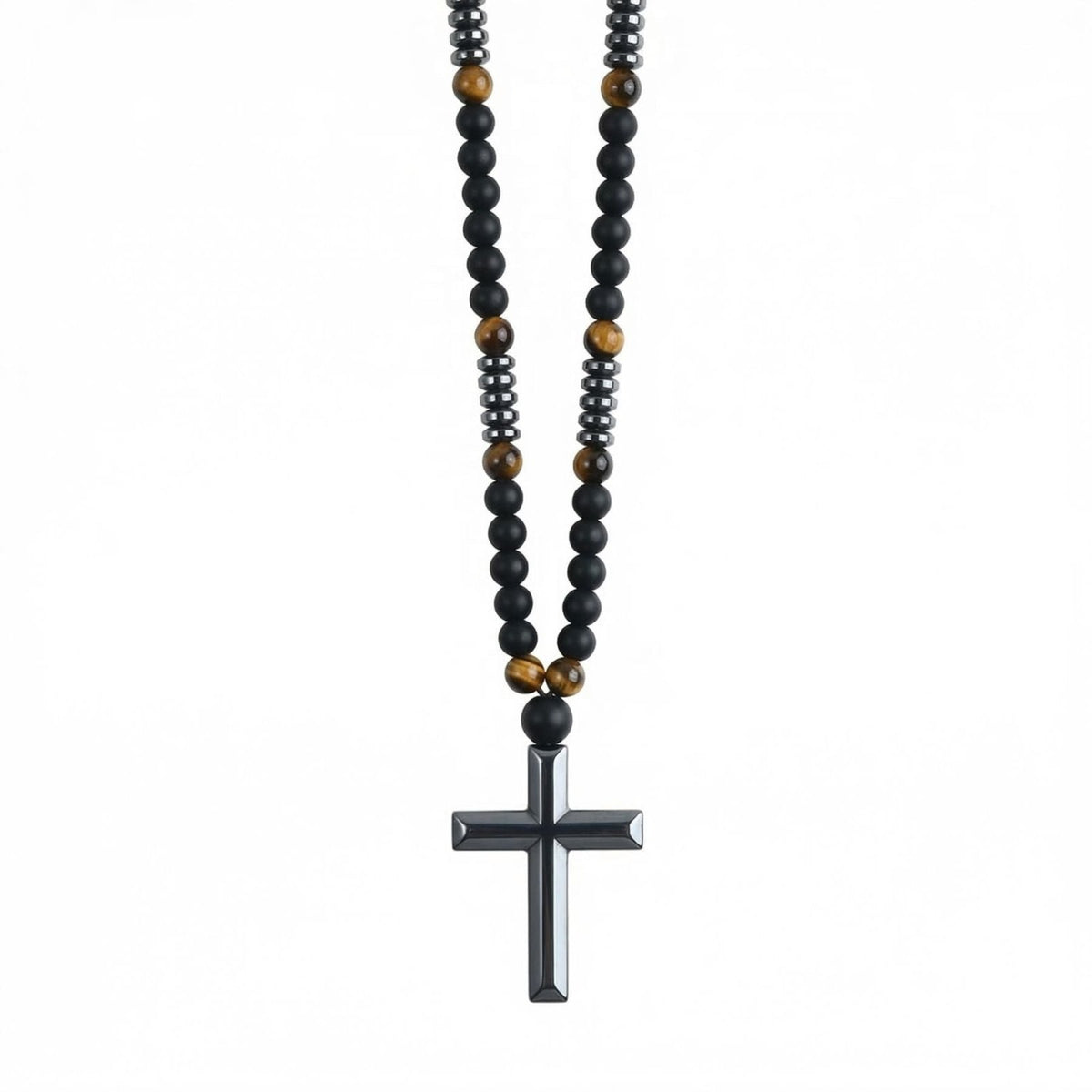 Chapelet collier pendentif croix en hématite, avec perles, en pierres naturelles noires et œil de tigre