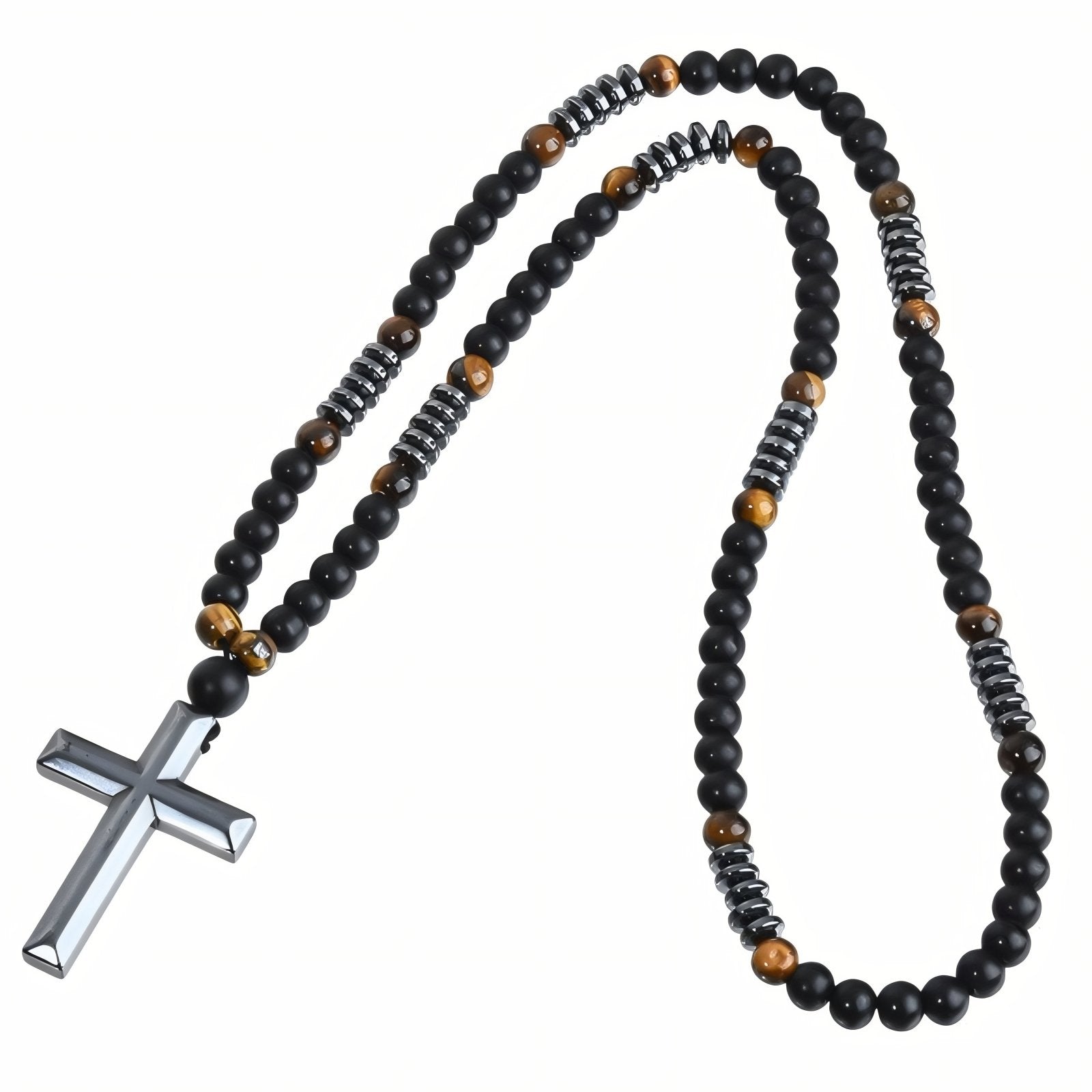 Chapelet collier pendentif croix en hématite, avec perles, en pierres naturelles noires et œil de tigre