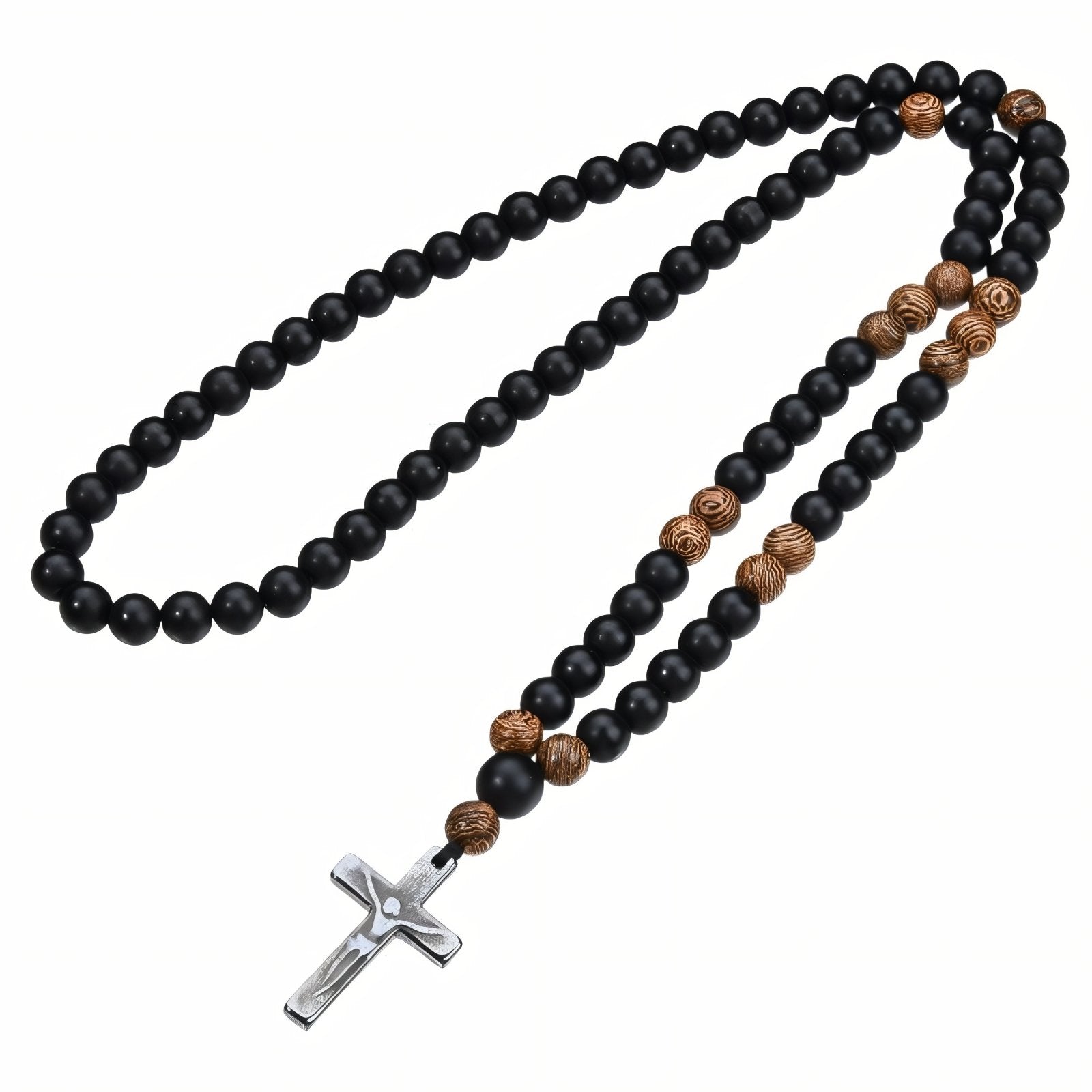 Chapelet collier pendentif croix en hématite pour homme, en onyx et perles en bois, style religieux