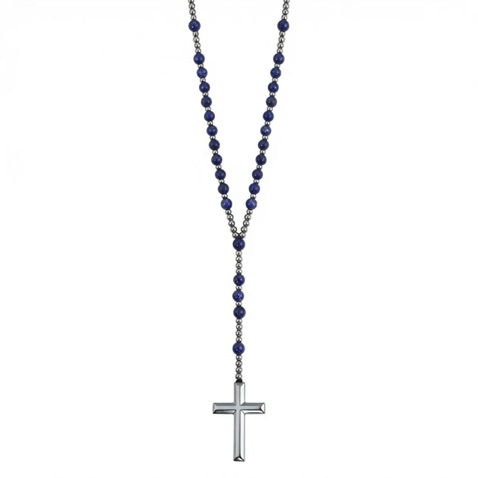 Chapelet collier pour homme, avec pendentif croix en hématite, perles en pierres naturelles