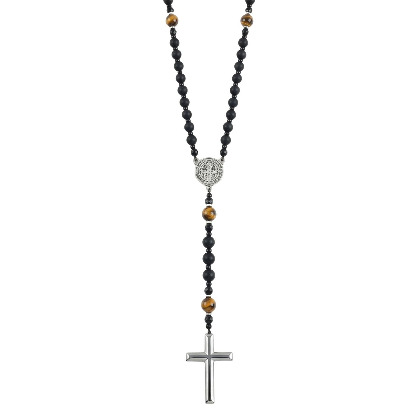 Chapelet collier religieux, avec pierre naturelle noire et oeil de tigre, pendentif croix en hématite