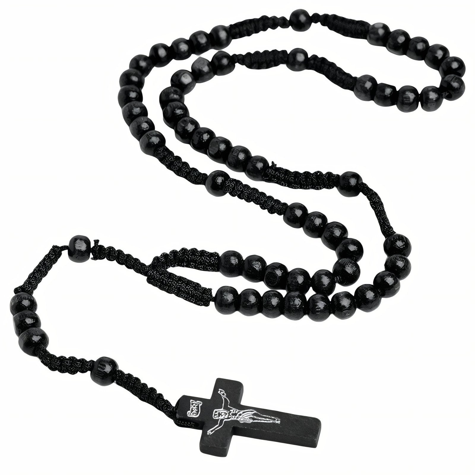 Chapelet en bois, avec croix chrétienne, perles rondes et cordon tressé