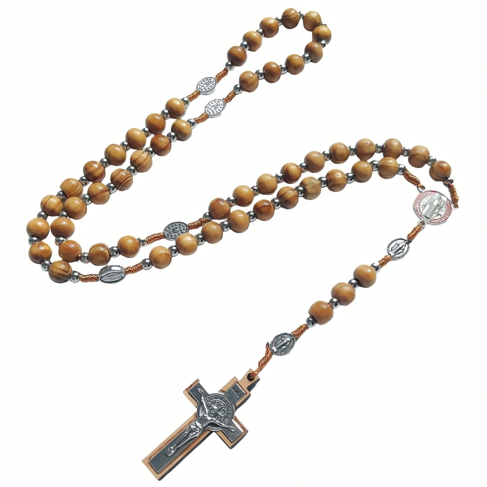 Chapelet en bois naturel, avec pendentif croix et Saint - Benoit, en alliage métallique
