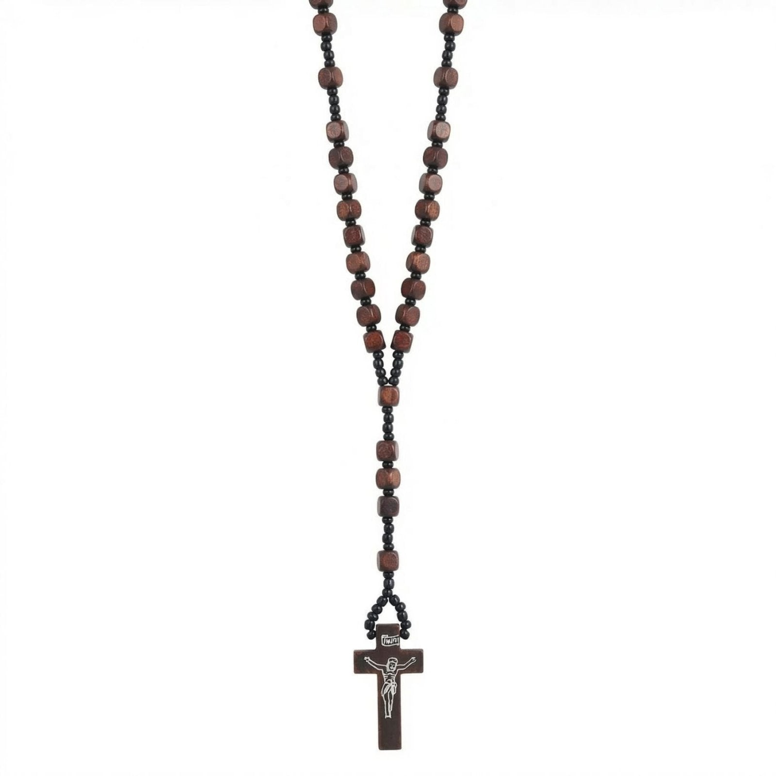 Chapelet en bois naturel, avec perles et pendentif croix chrétienne, style religieux