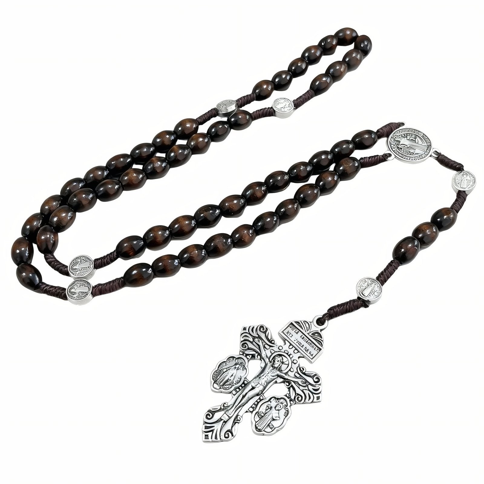 Chapelet pendentif croix et médaille Saint - Benoît, avec perles de bois, en alliage métallique, style religieux