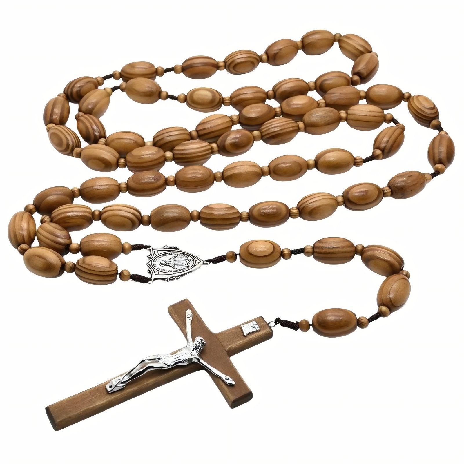 Chapelet perles bois naturel, médaille de la Vierge Marie et grande croix, en alliage métallique