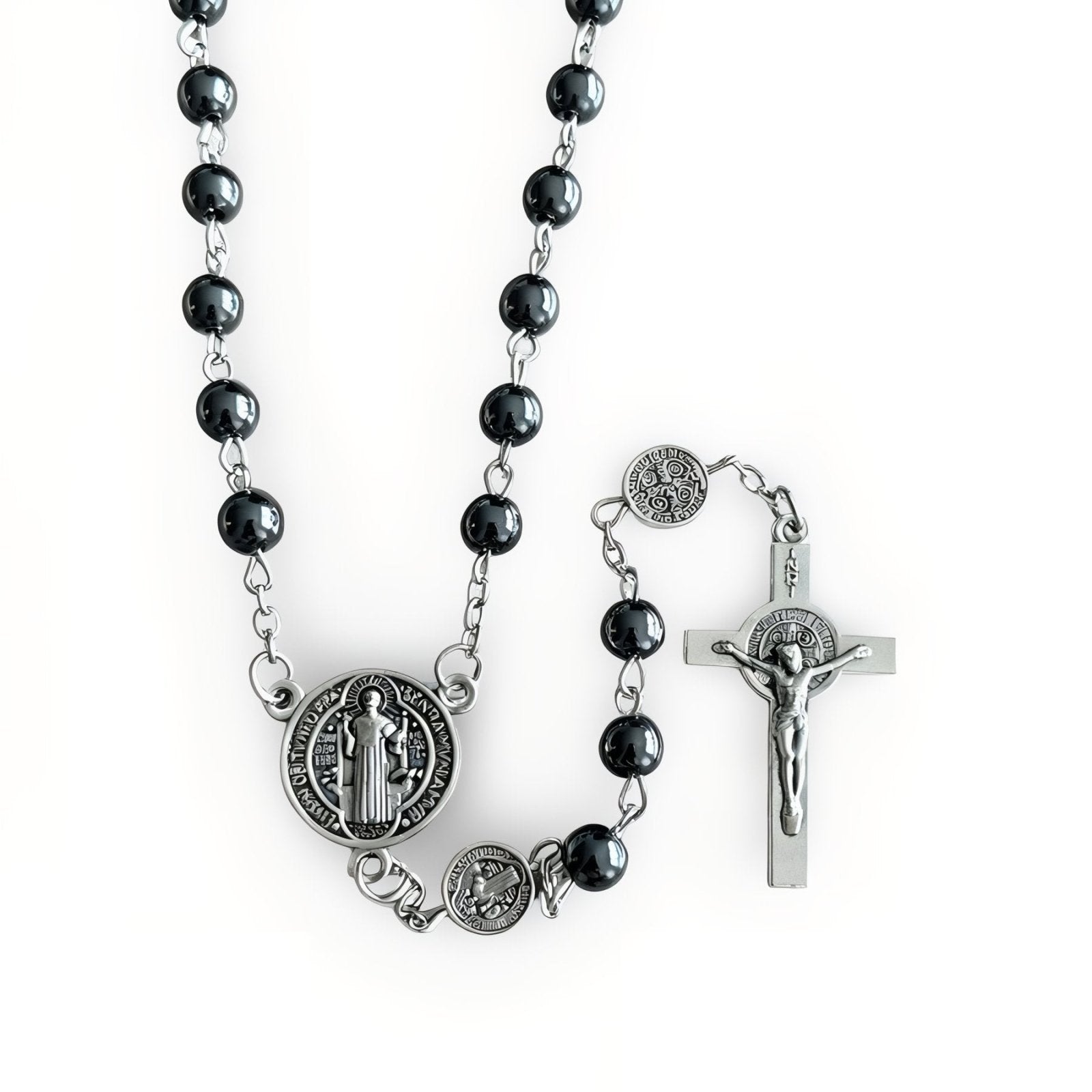 Chapelet Saint - Benoît pendentif croix et médailles religieuses, avec pierre naturelle d'hématite, en alliage métallique