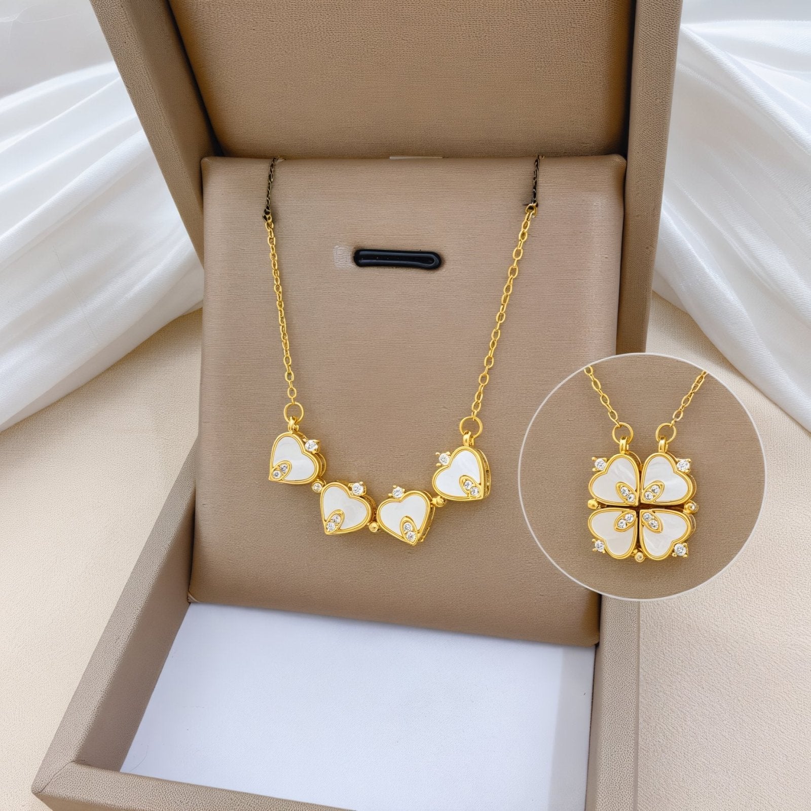 Collier 2 - en - 1 transformable, cœur blanc nacré et zircon, doré élégant, modèle Fortune