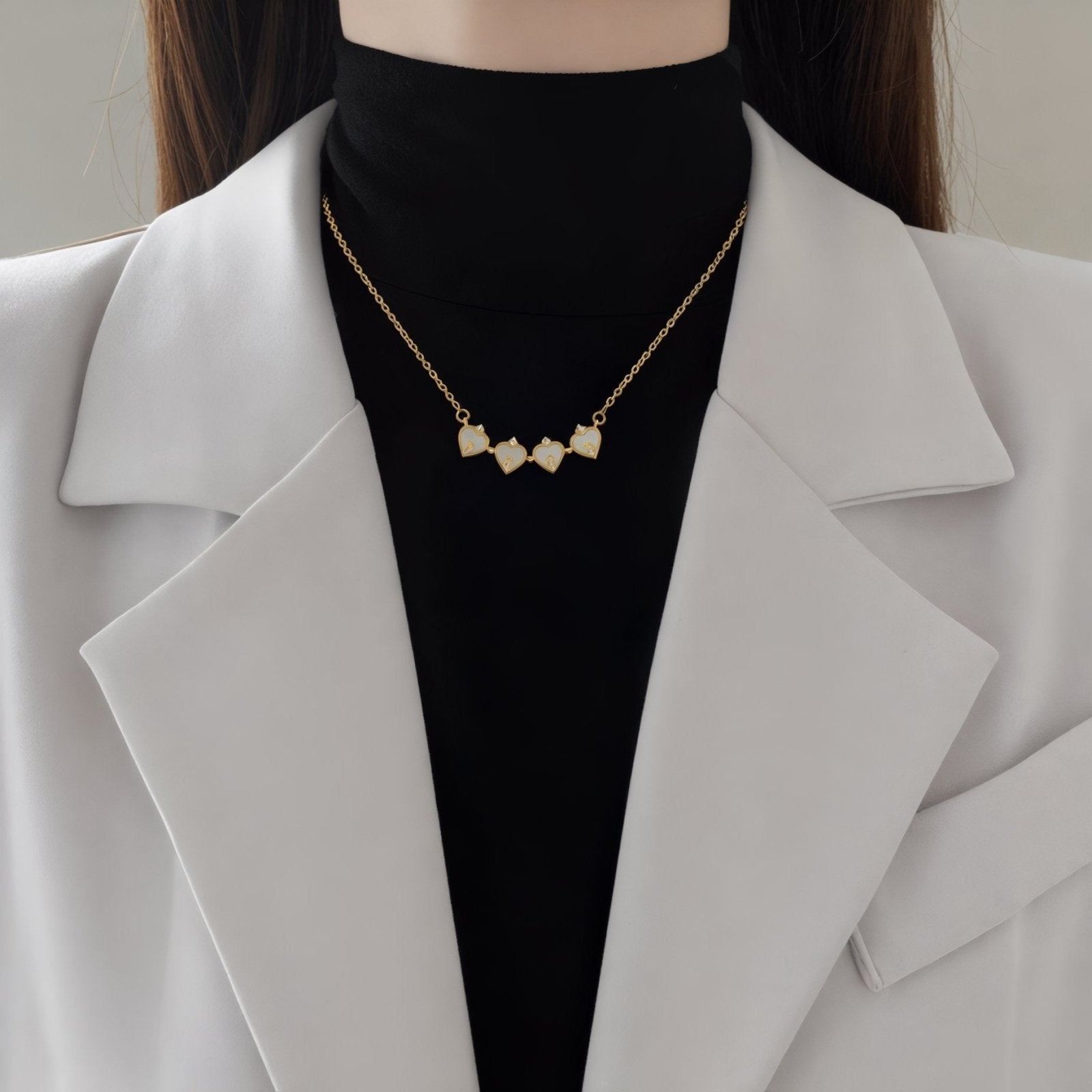 Collier 2 - en - 1 transformable, cœur blanc nacré et zircon, doré élégant, modèle Fortune
