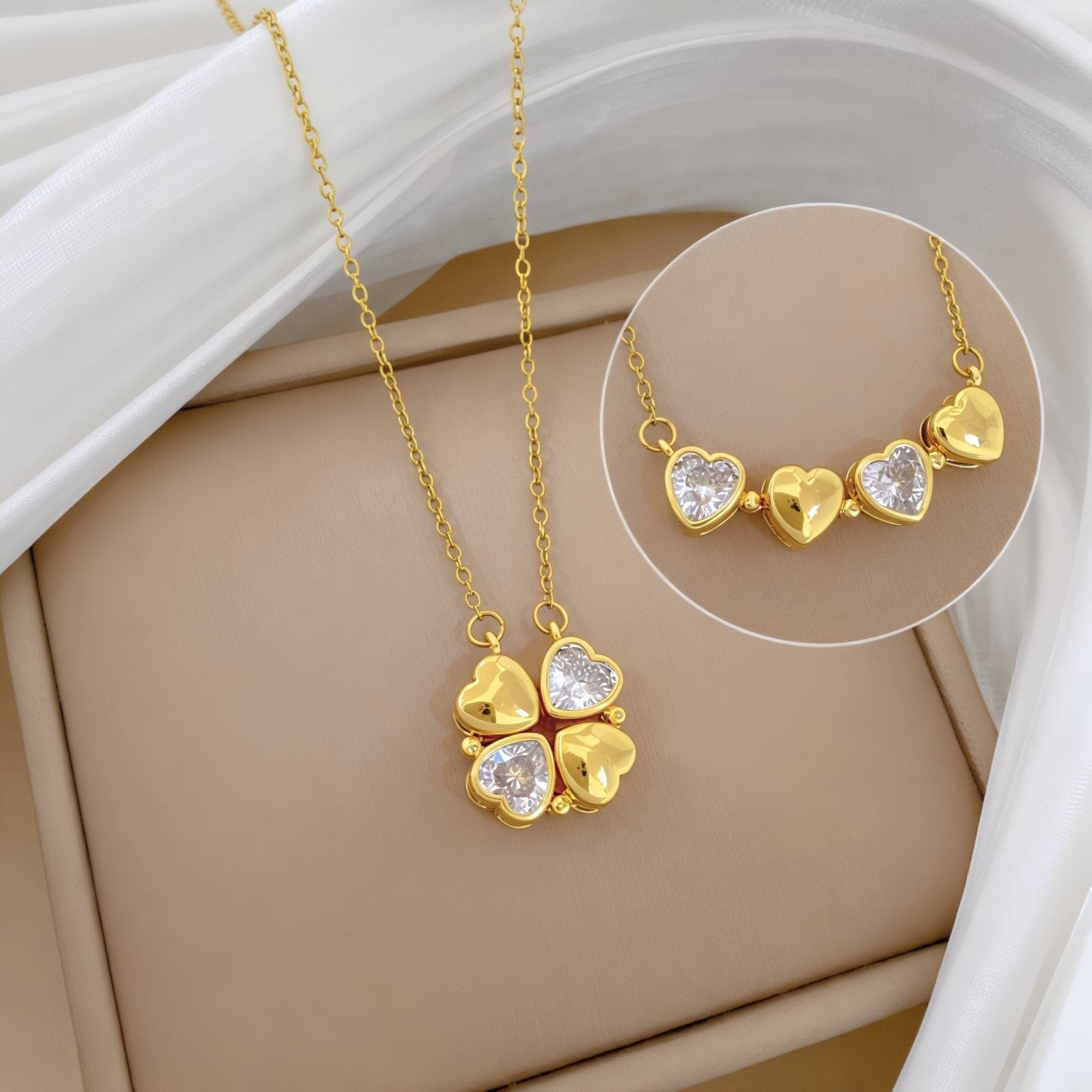Collier 2 - en - 1, trèfle à 4 cœurs dorés, chaîne en acier inoxydable, modèle Sana