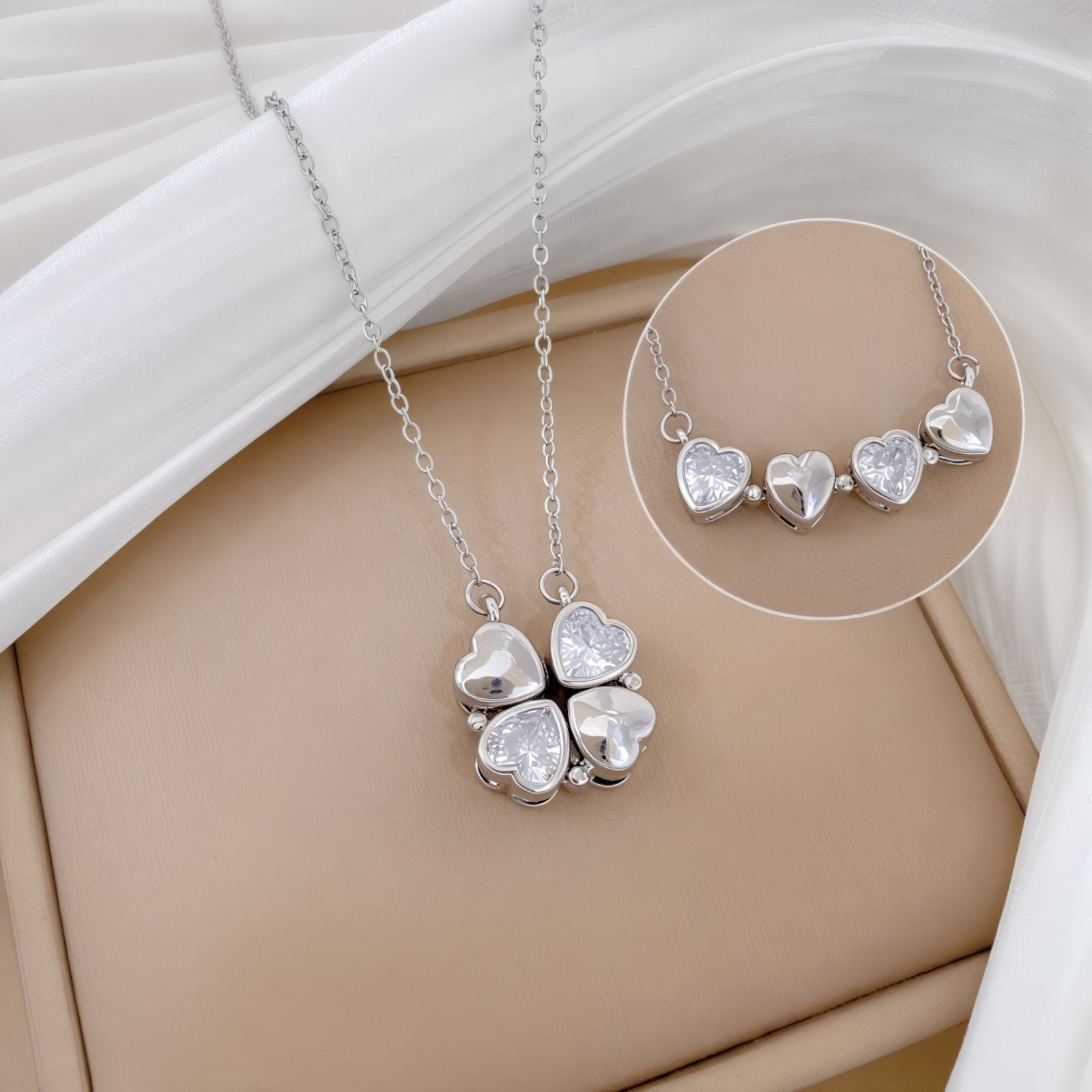 Collier 2 - en - 1, trèfle à 4 cœurs dorés, chaîne en acier inoxydable, modèle Sana