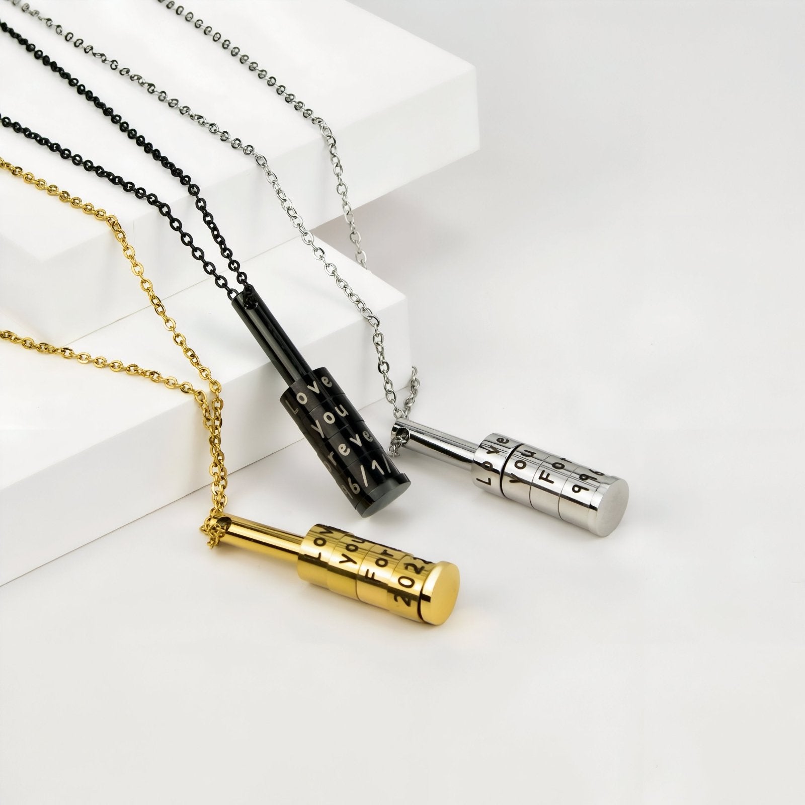 Collier à graver en acier inoxydable unisexe, cylindre rotatif, date ou prénom, modèle Bottle