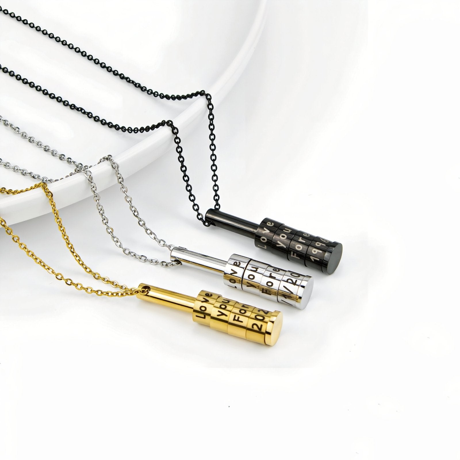 Collier à graver en acier inoxydable unisexe, cylindre rotatif, date ou prénom, modèle Bottle