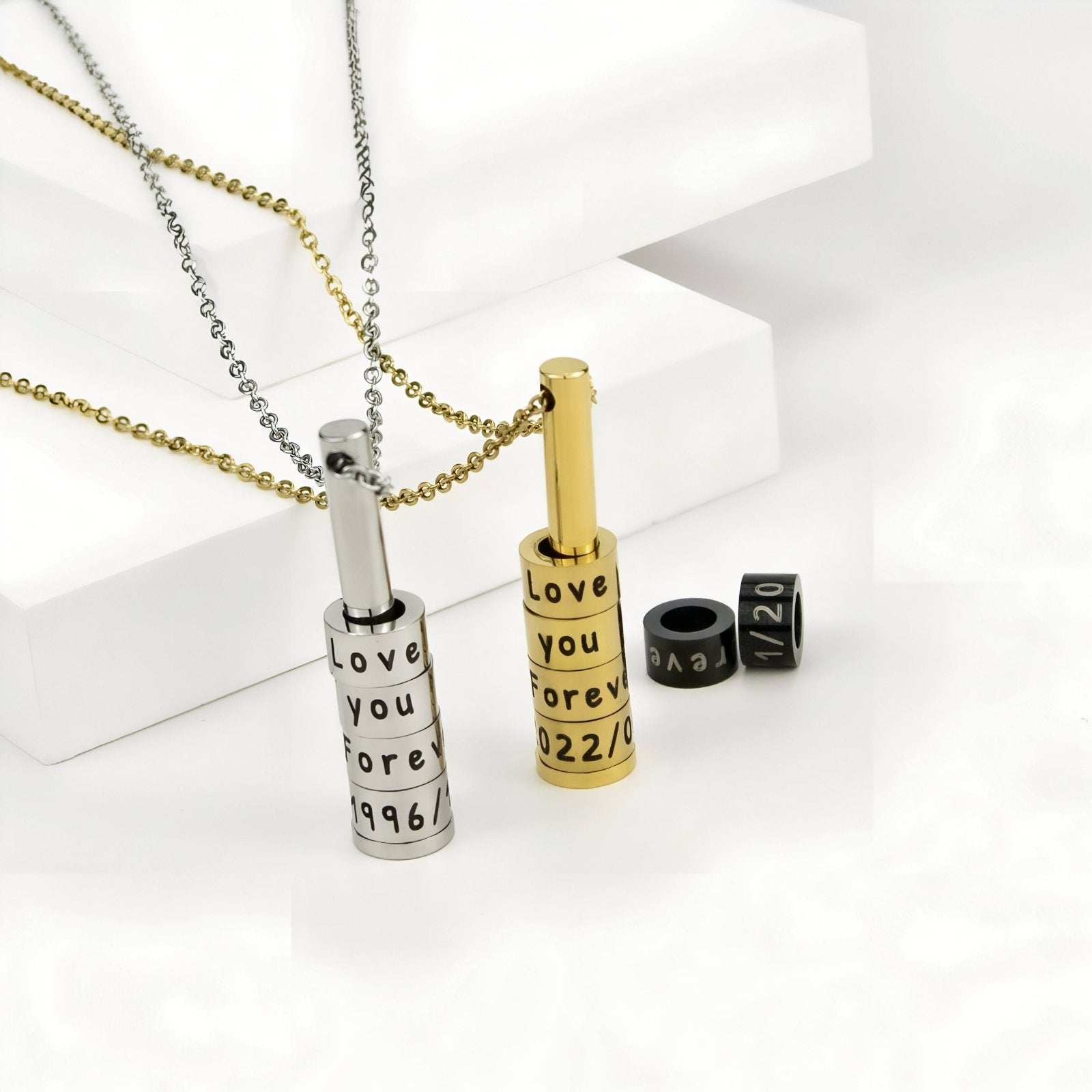 Collier à graver en acier inoxydable unisexe, cylindre rotatif, date ou prénom, modèle Bottle
