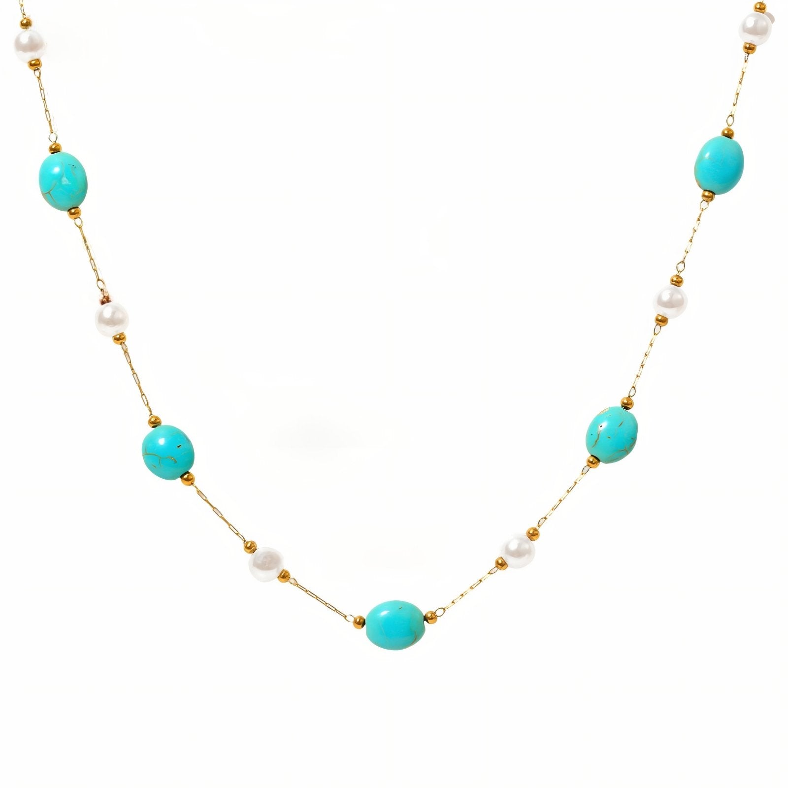 Collier à perles pour femme, pierre turquoise naturelle et perles blanches, en acier inoxydable plaqué or